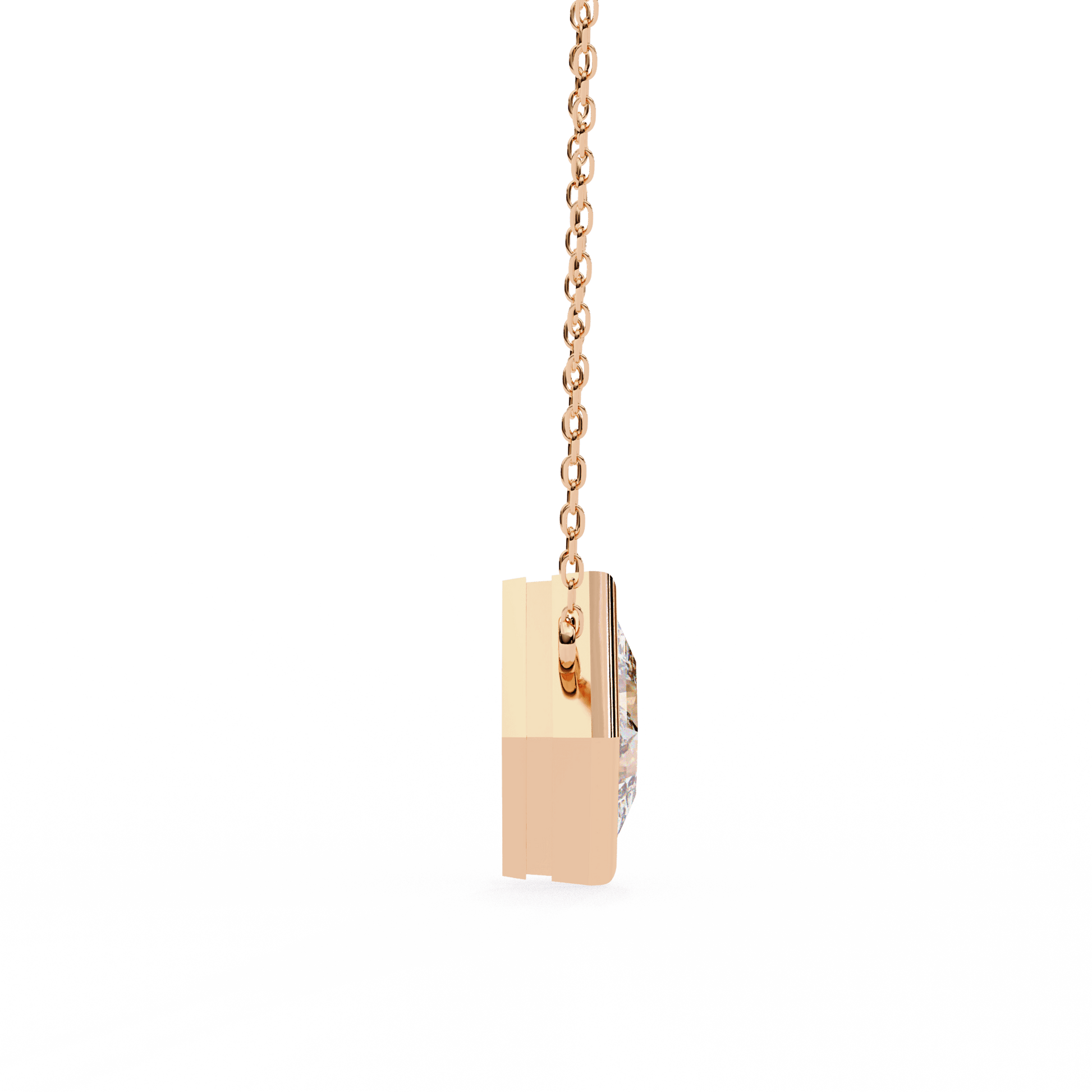 Bezel set princess-cut diamond solitaire necklace by Carat House Dubai featuring a sparkling diamond pendant on a delicate chain.