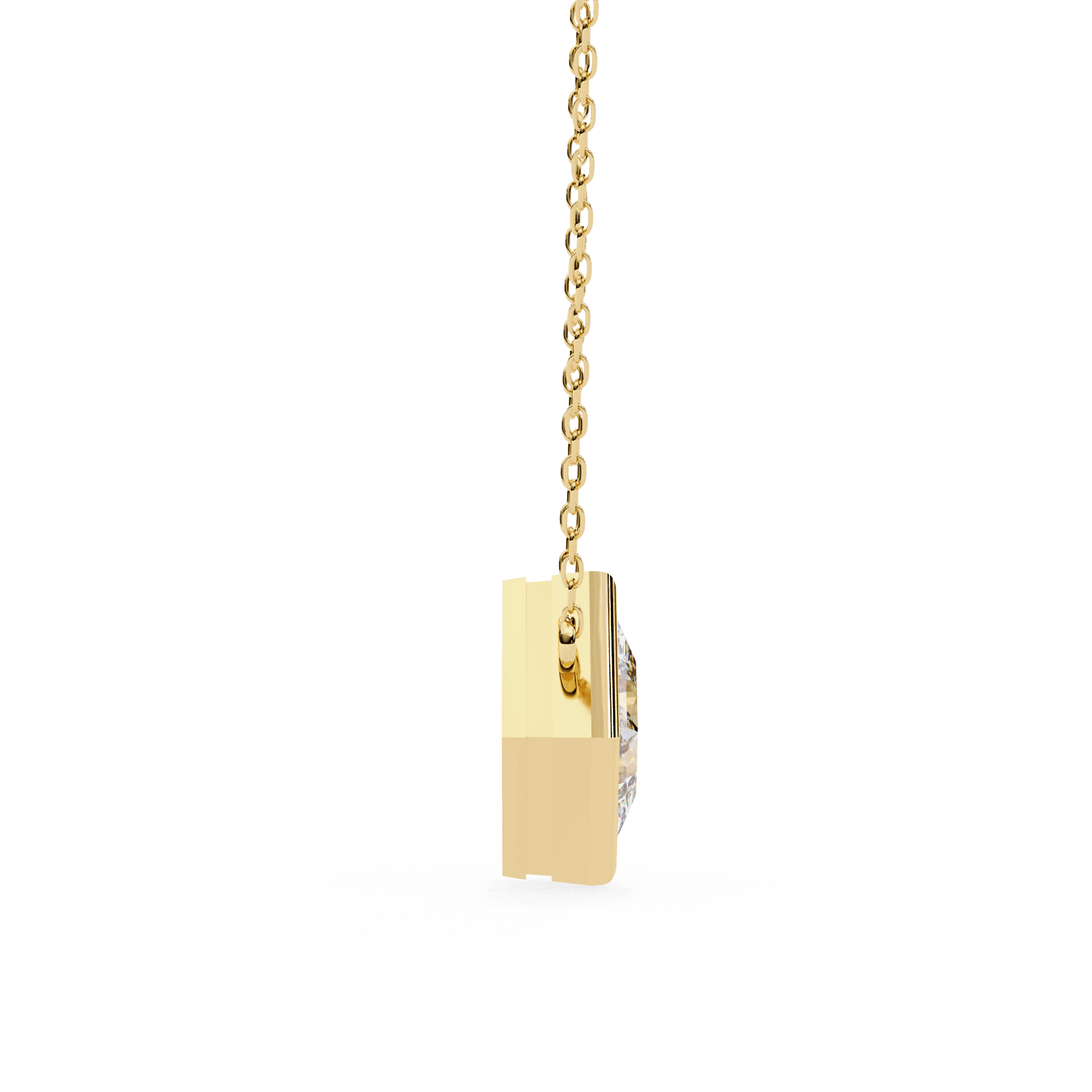 Bezel set princess-cut diamond solitaire necklace by Carat House Dubai, showcasing a sparkling diamond on a sleek chain.