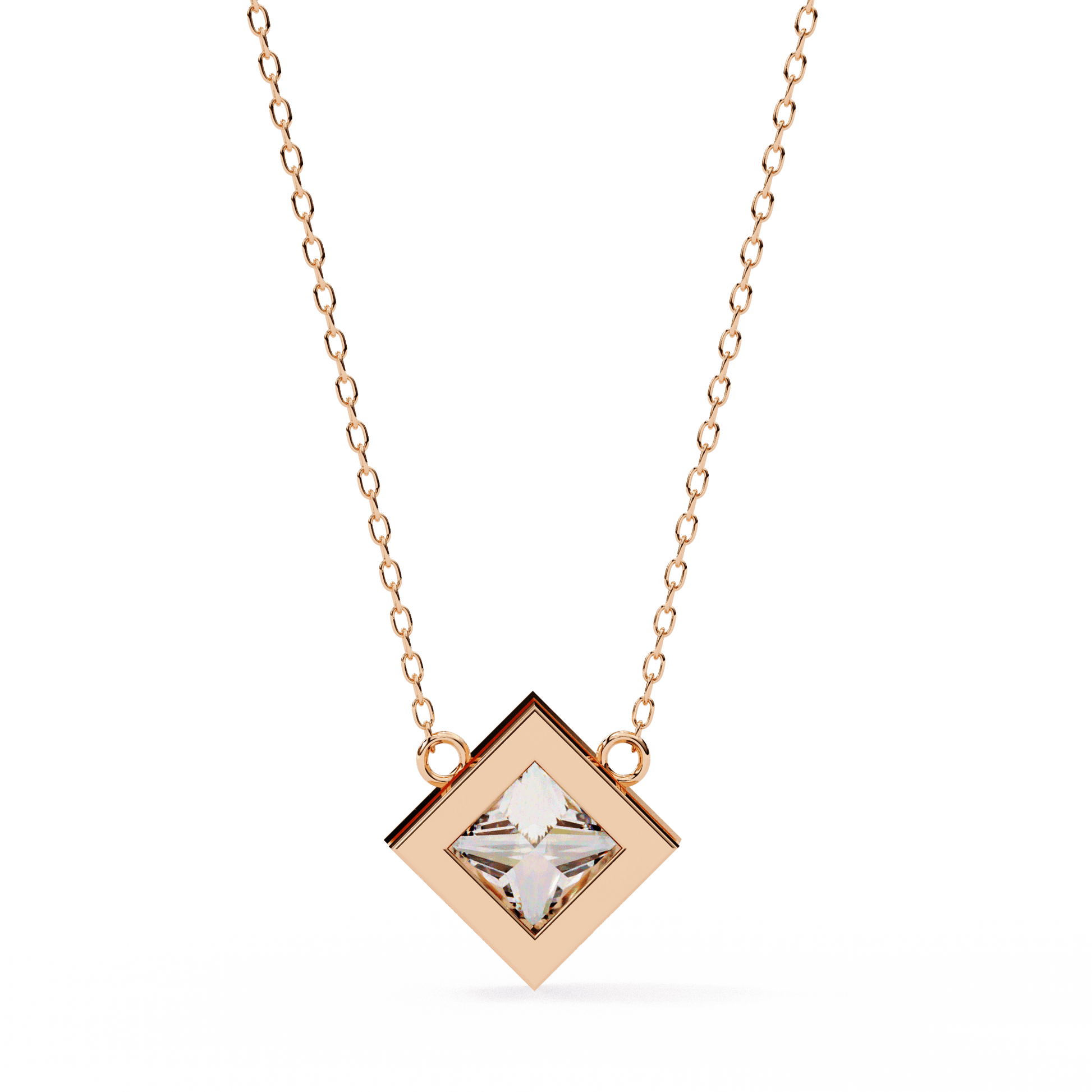 Kelly Bezel Set Princess-Cut Diamond Solitaire Necklace by Carat House Dubai, featuring a sparkling diamond pendant on a fine chain