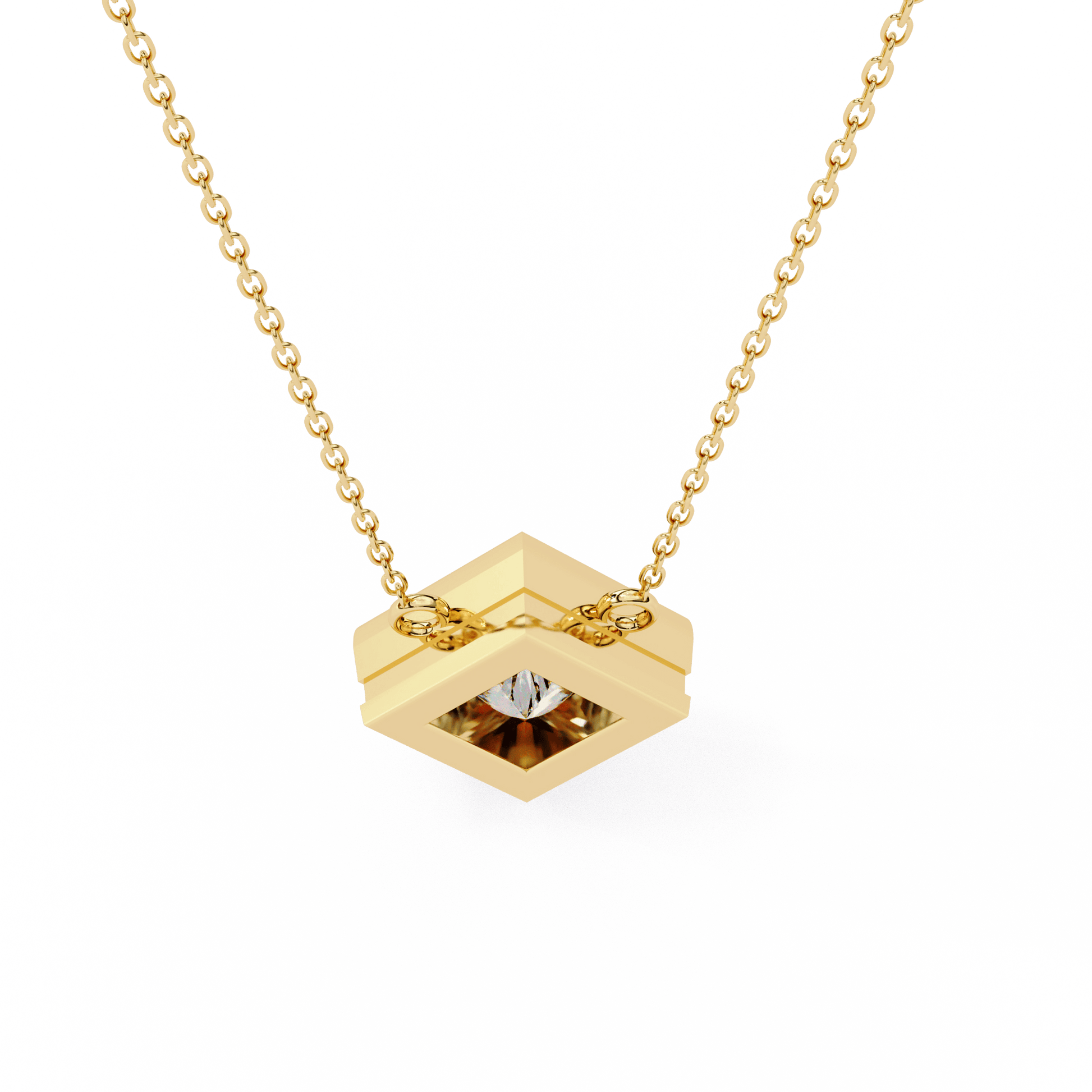 Kelly bezel set princess-cut diamond solitaire necklace by Carat House Dubai featuring a sparkling diamond pendant on a delicate chain.