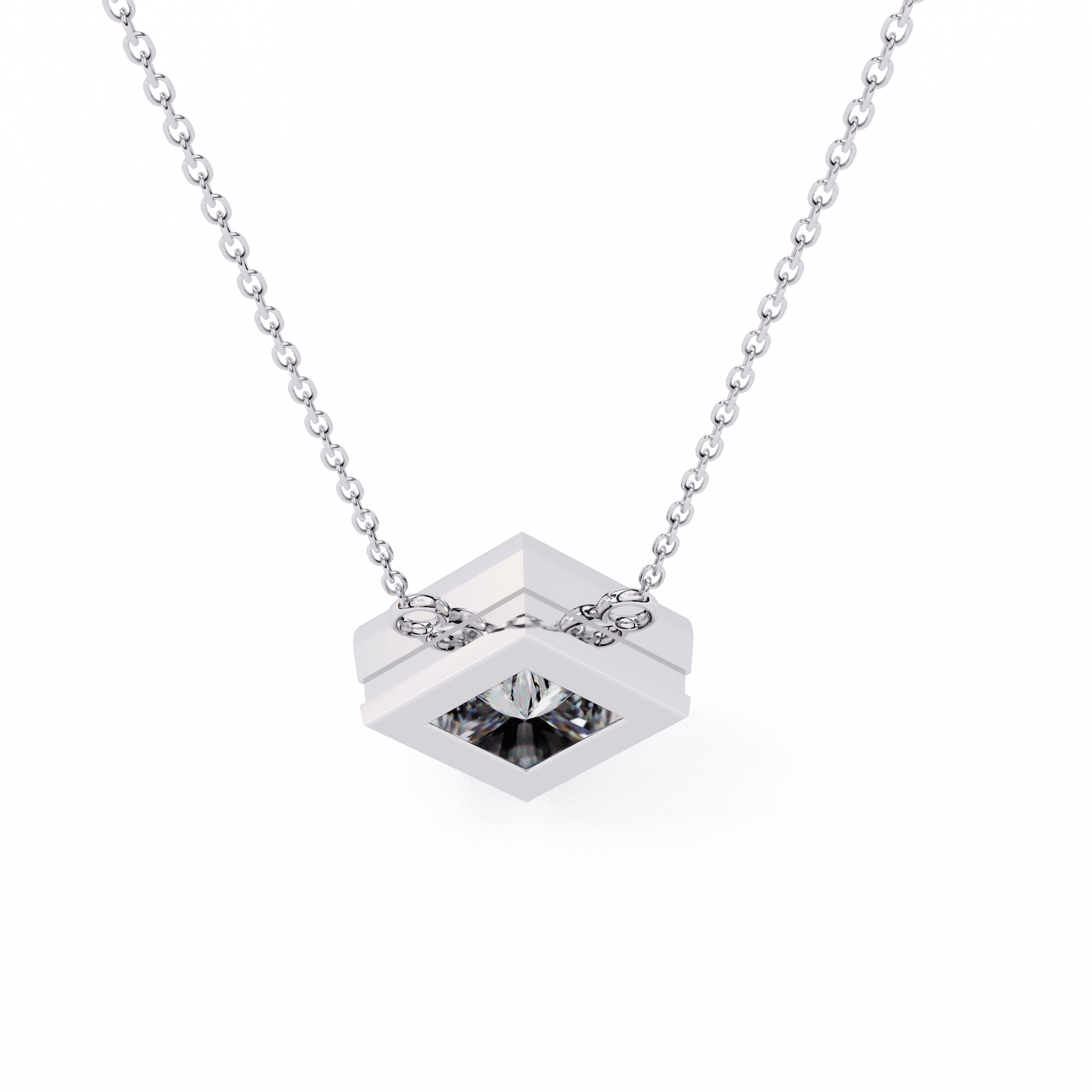 Bezel set princess-cut diamond solitaire necklace by Carat House Dubai, featuring a sparkling diamond pendant on a delicate chain.
