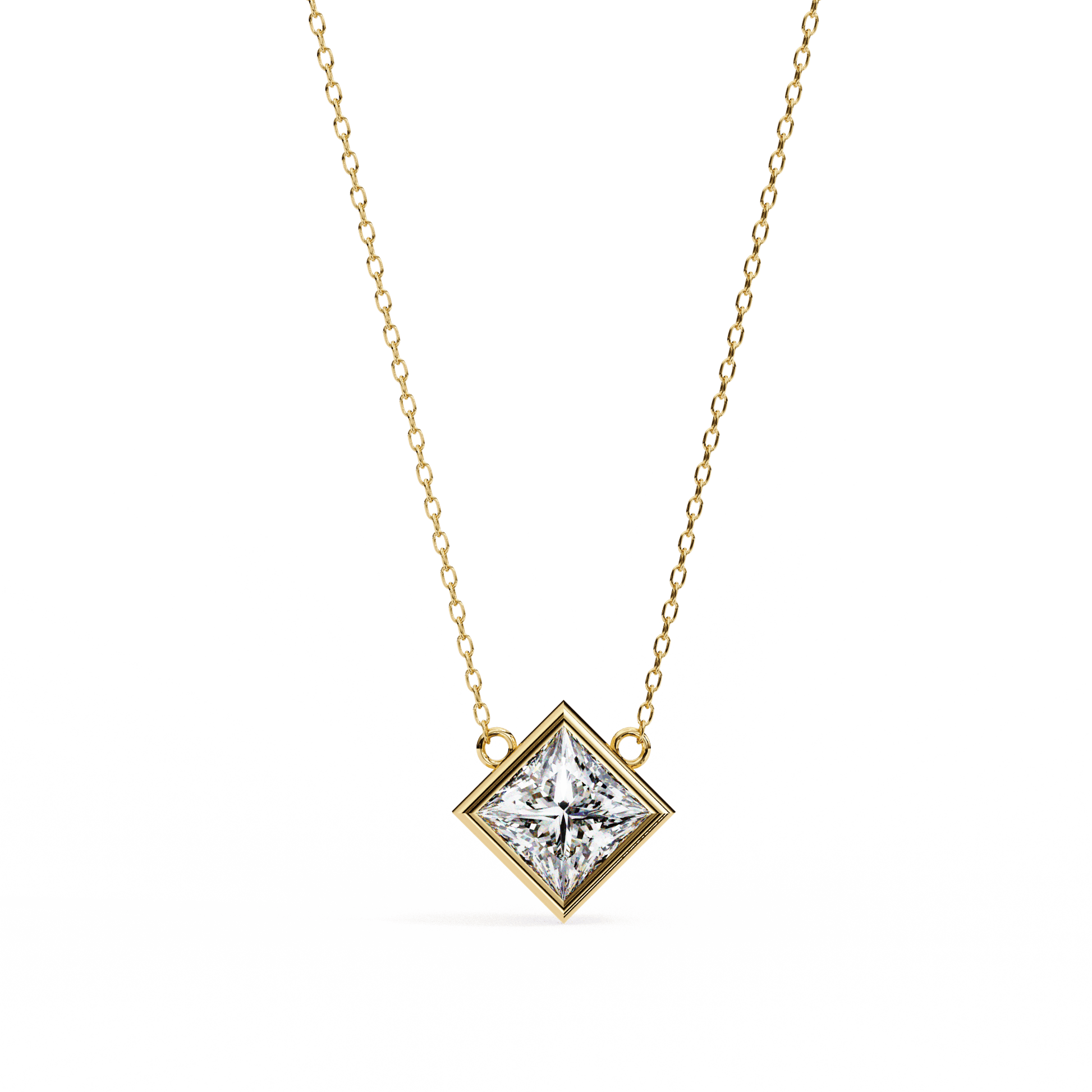 Kelly – Bezel Set Princess-Cut Diamond Solitaire Necklace — diamond pendant necklace — lab grown diamond and natural diamond — 18k white gold — Carat House