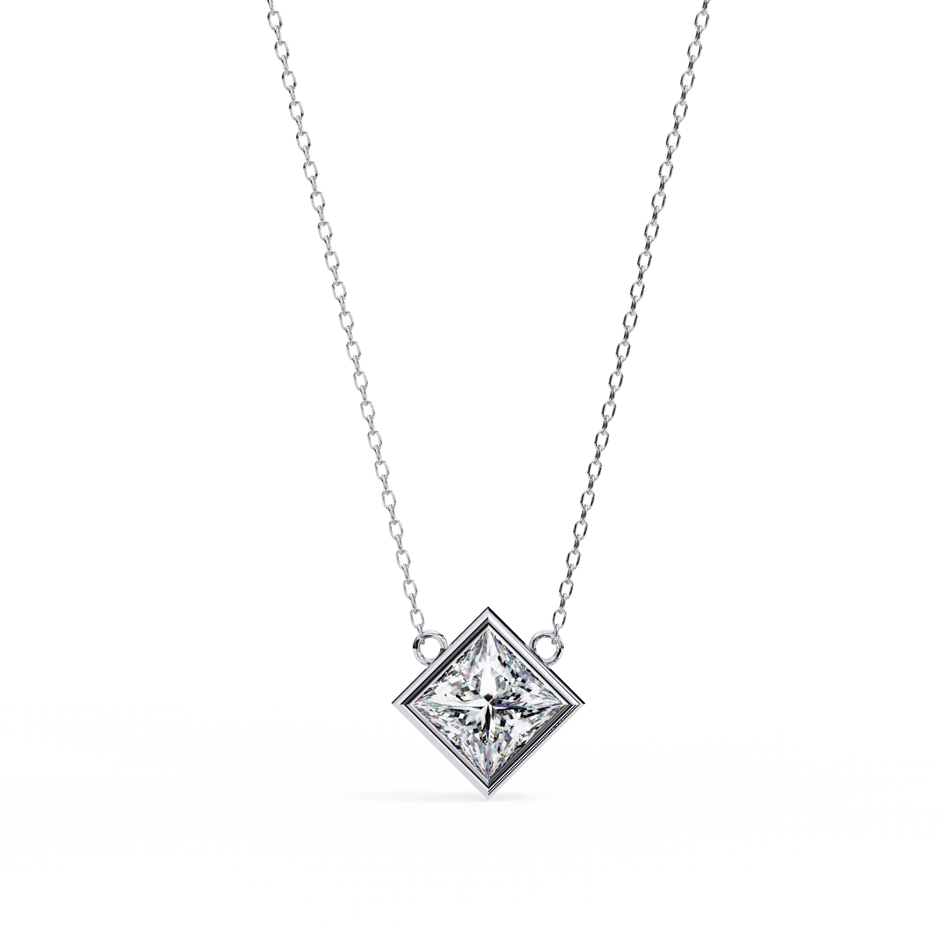 Bezel set princess-cut diamond solitaire necklace by Carat House Dubai featuring a elegant pendant on a delicate chain.