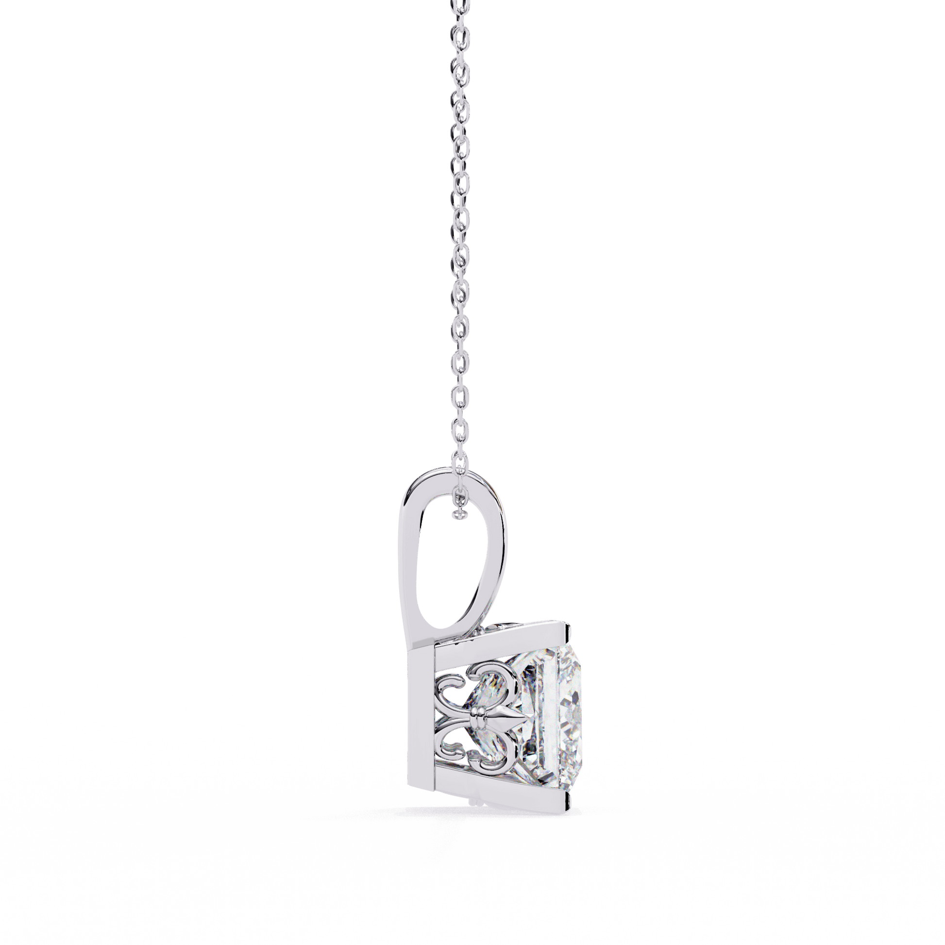 Krista princess-cut solitaire pendant with intricate filigree basket in sterling silver, featuring a sparkling central gemstone.