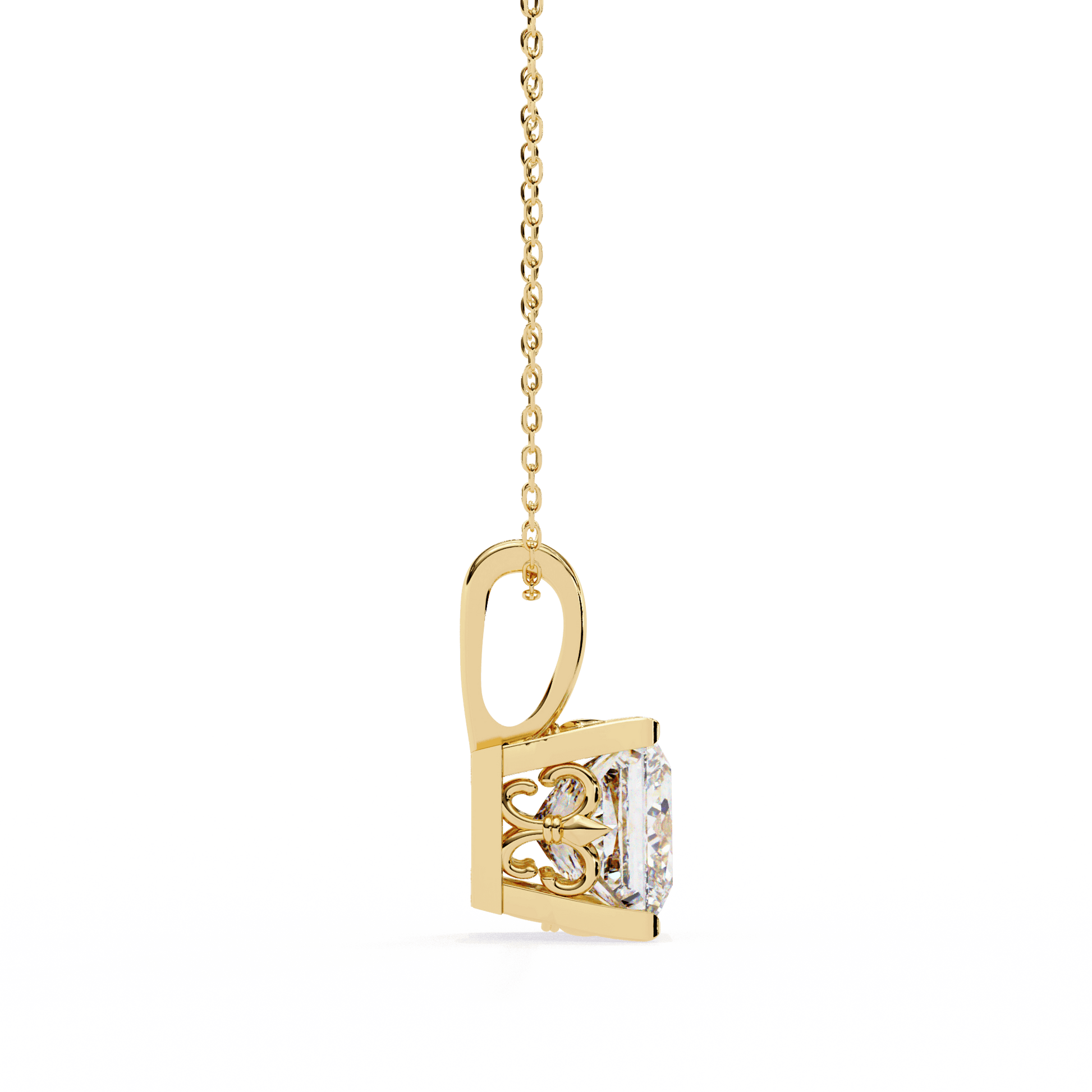 Krista princess-cut solitaire pendant with intricate filigree basket setting by Carat House Dubai, showcasing elegant jewelry craftsmanship.