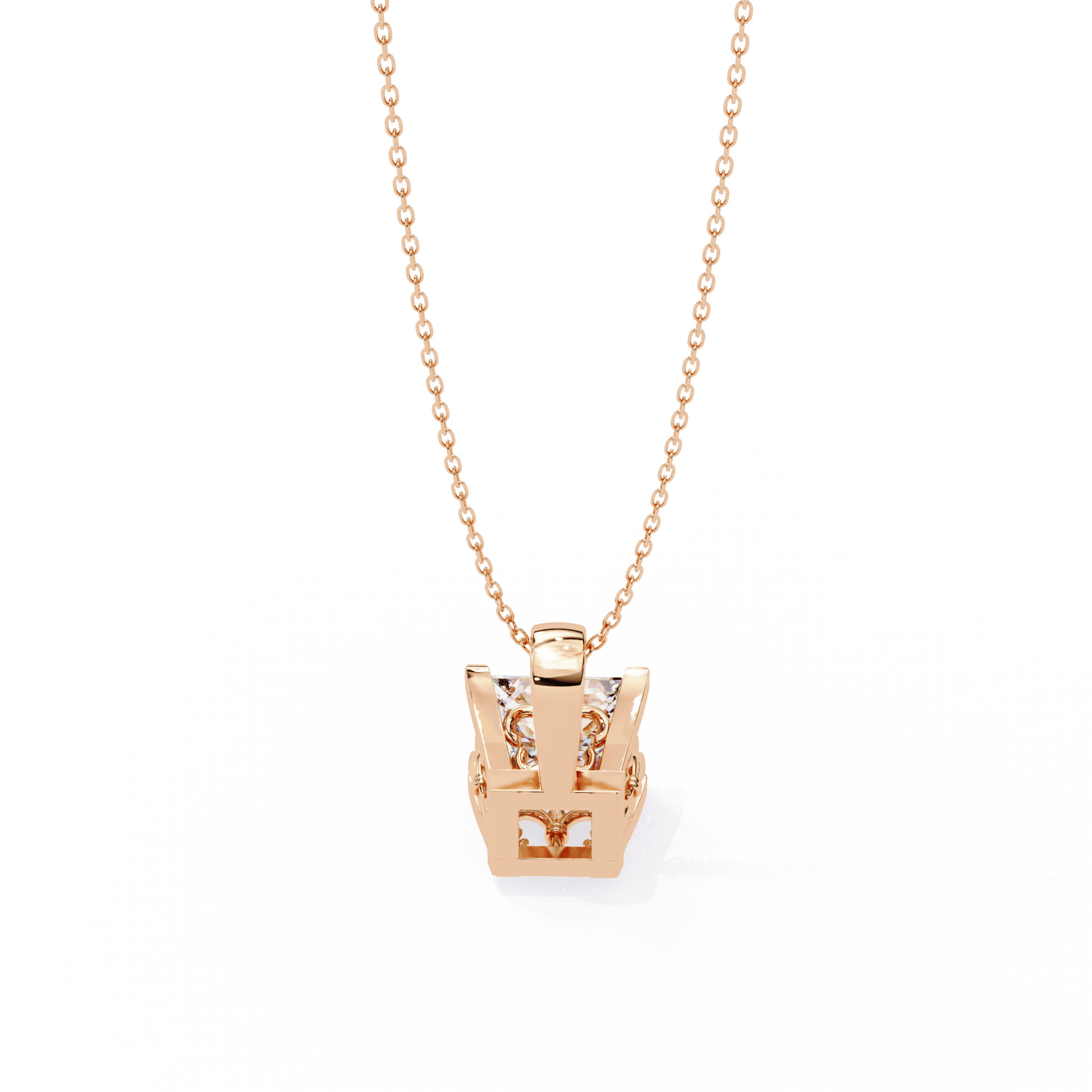 Elegant Krista princess-cut solitaire pendant with intricate filigree basket from Carat House Dubai, showcasing detailed jewelry craftsmanship.