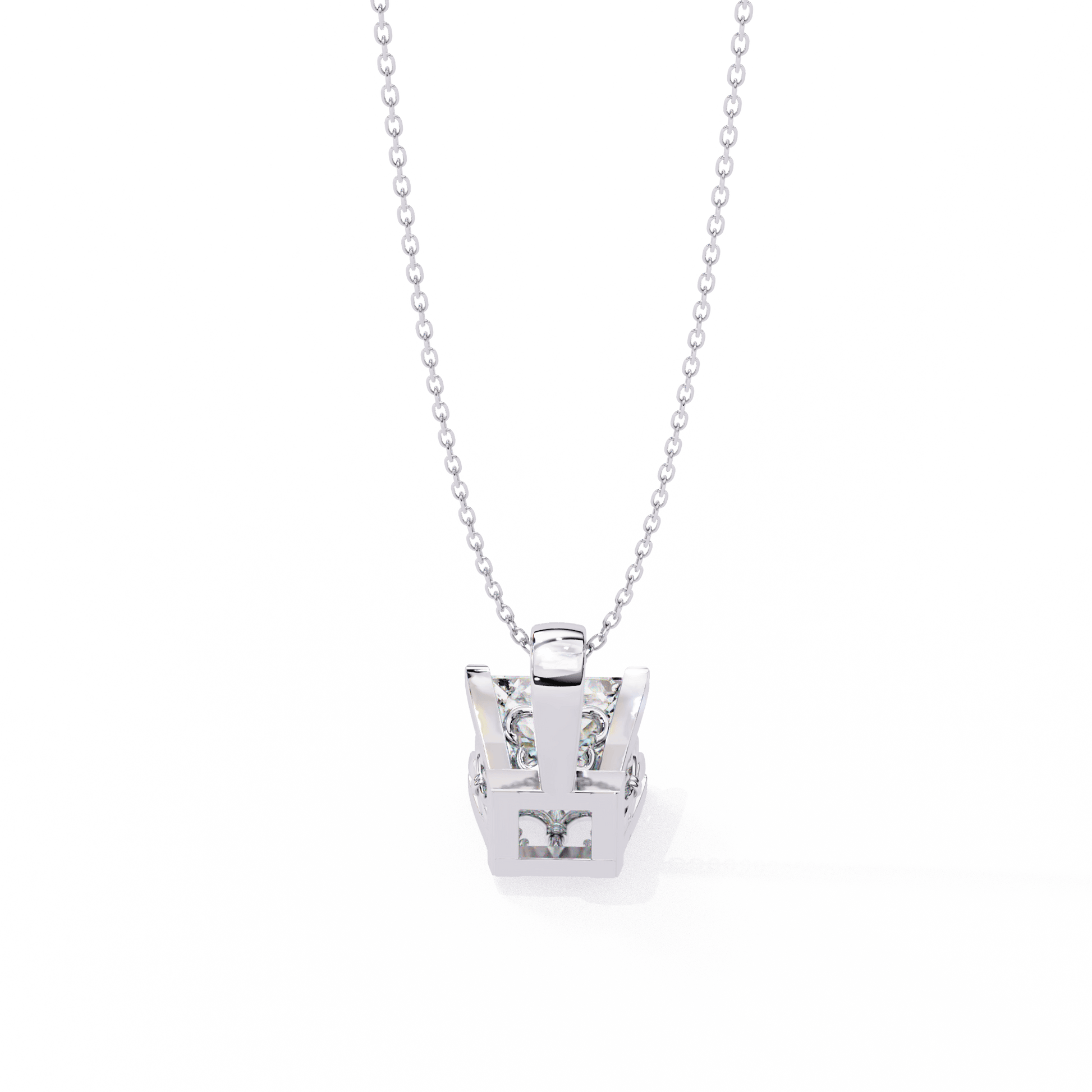 Elegant Krista princess-cut solitaire pendant with intricate filigree basket setting by Carat House Dubai.
