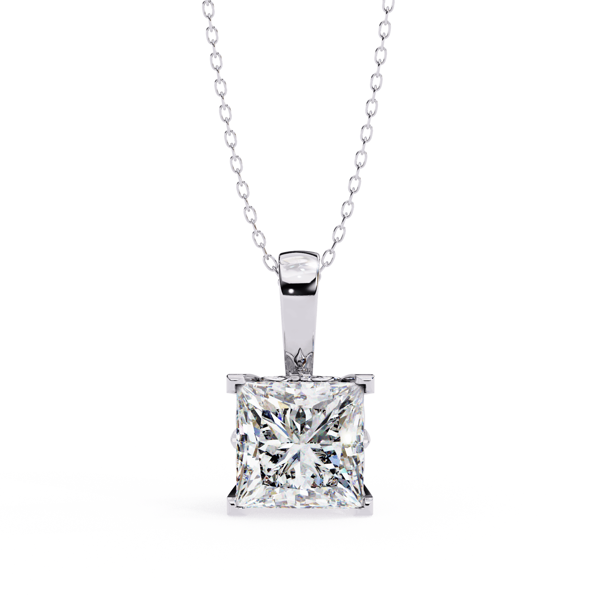 Krista – Princess-Cut Solitaire Pendant with Filigree Basket — diamond pendant necklace — lab grown diamond and natural diamond — 18k white gold — Carat House