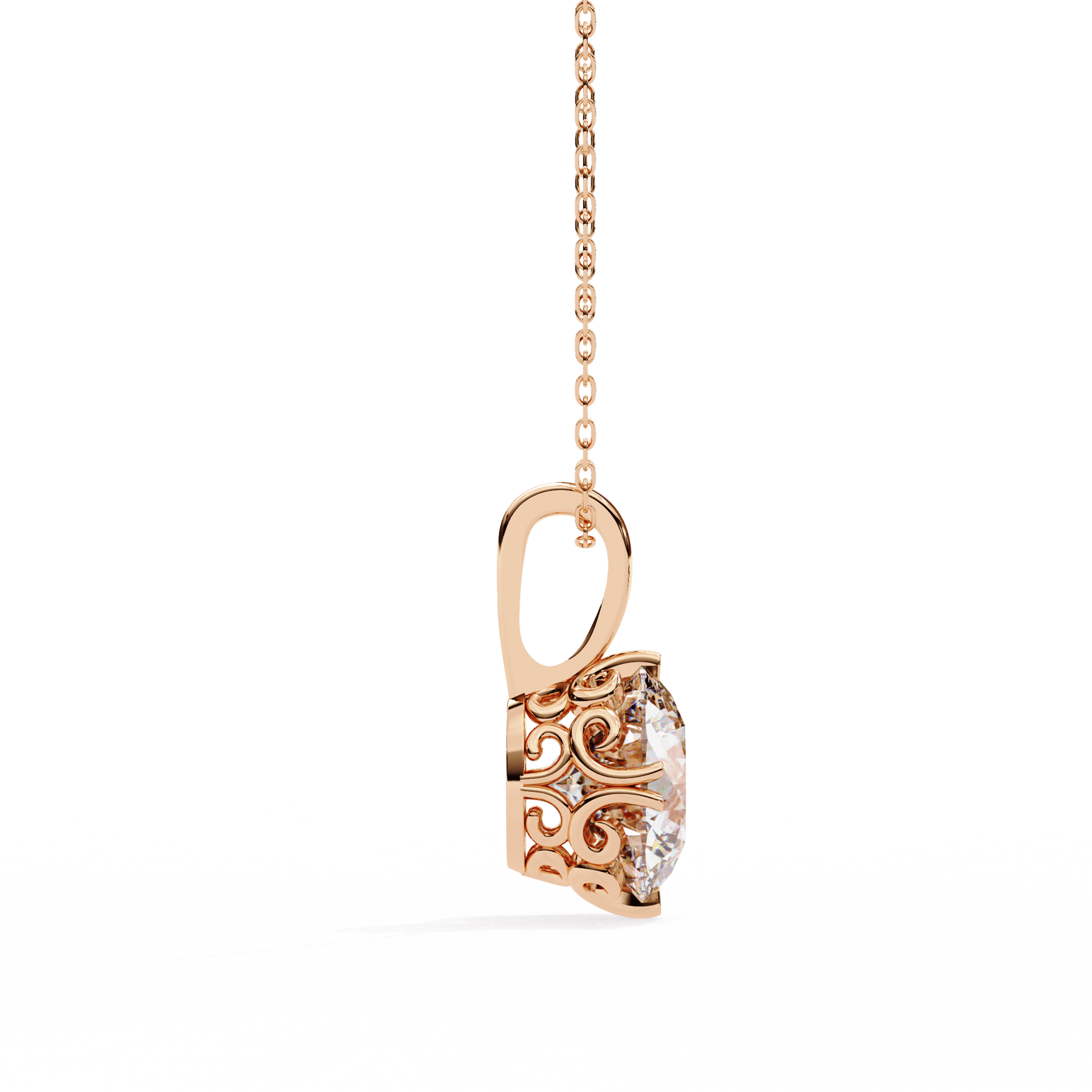 Gold round solitaire diamond pendant with intricate filigree basket by Carat House Dubai, showcasing elegant jewelry craftsmanship.