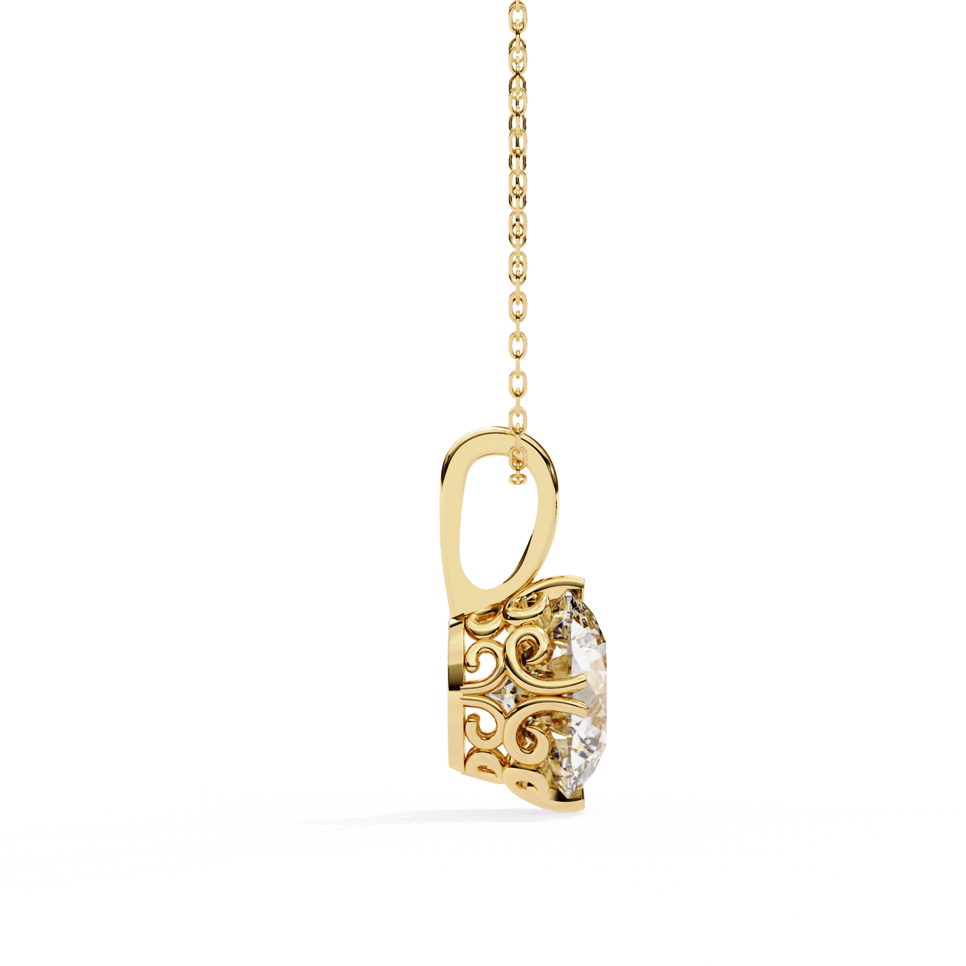 Laurie round solitaire diamond pendant with filigree basket by Carat House Dubai, showcasing a sparkling diamond and intricate metalwork.