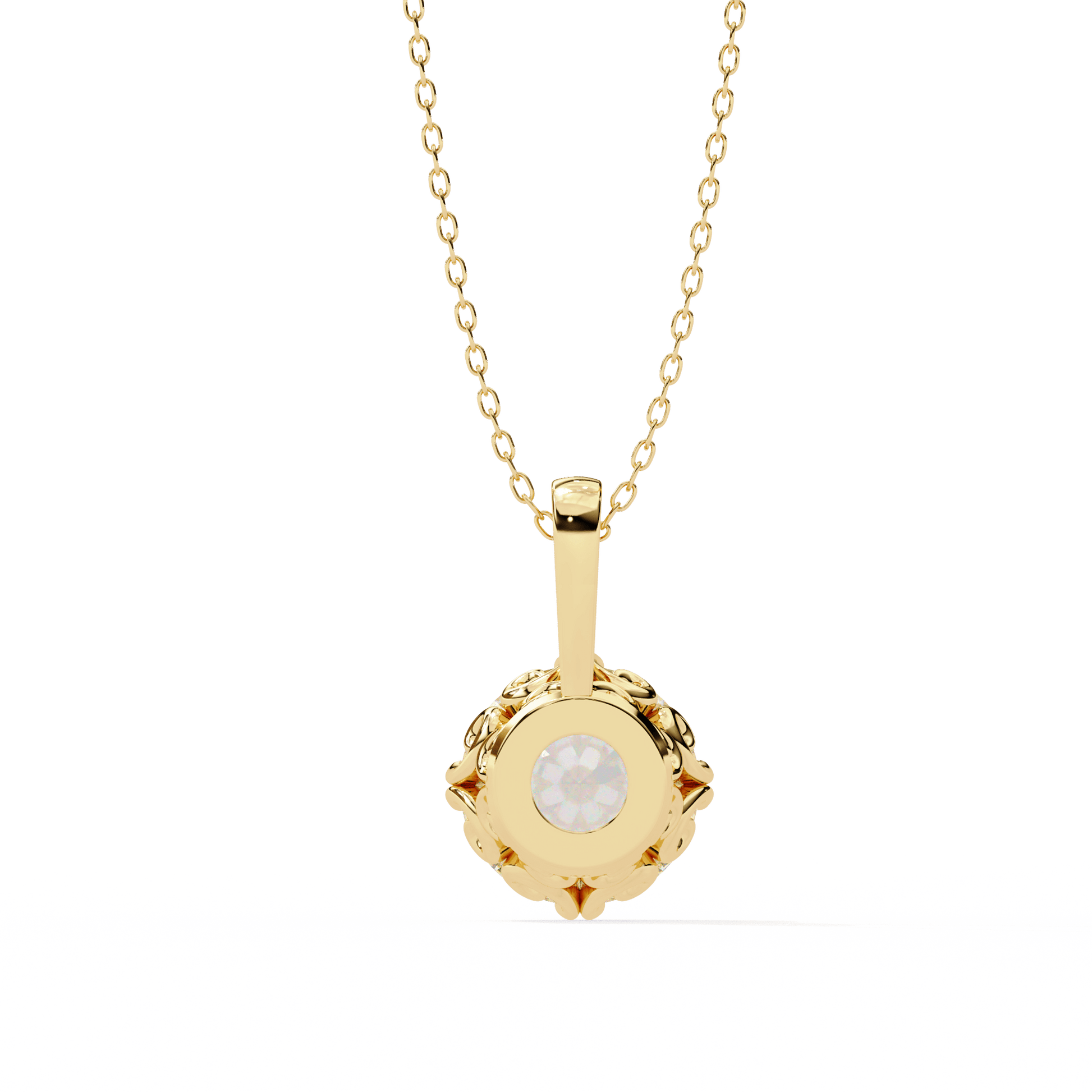 Laurie round solitaire diamond pendant with filigree basket by Carat House Dubai, showcasing a sparkling diamond and intricate metalwork.