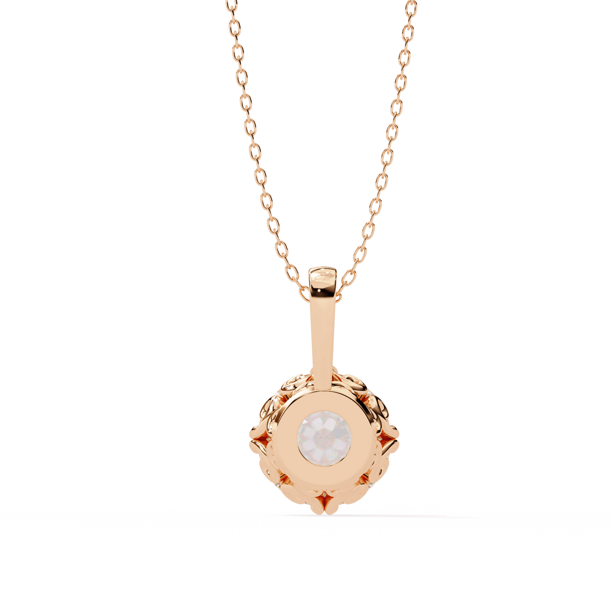 Laurie round solitaire diamond pendant with filigree basket by Carat House Dubai, showcasing a sparkling diamond on a delicate chain
