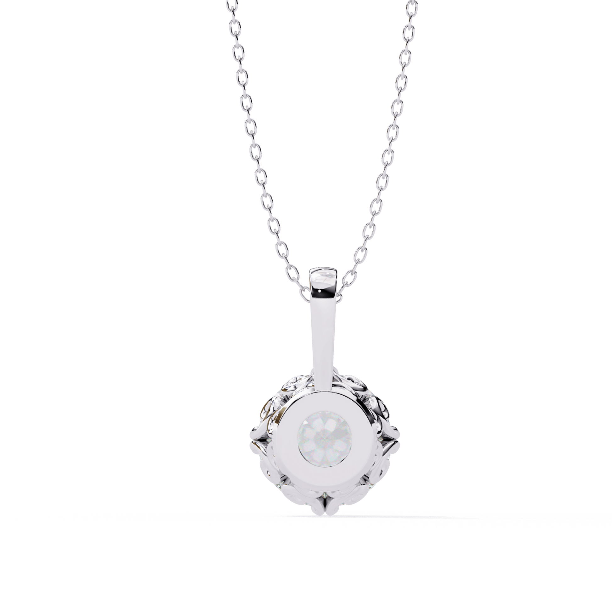 Laurie round solitaire diamond pendant with filigree basket, featuring sparkling diamond and intricate metalwork, by Carat House Dubai.