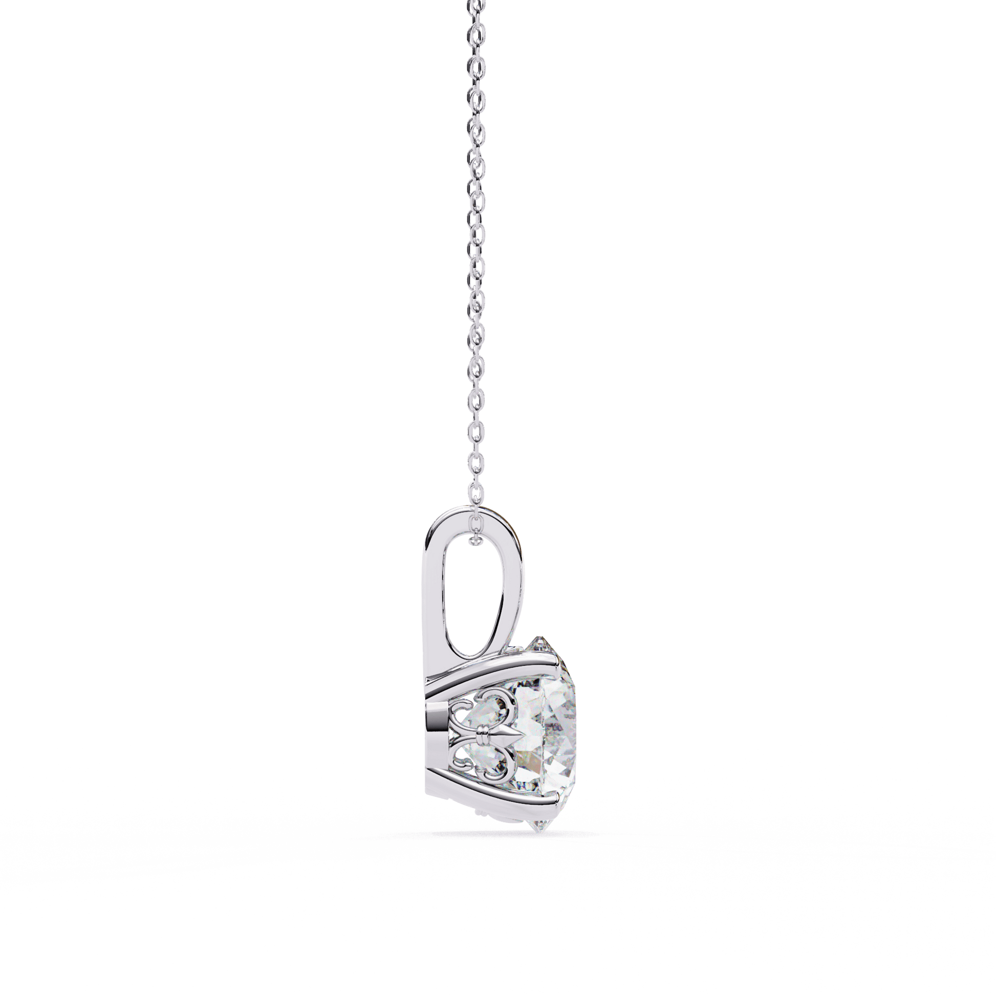Cushion-cut solitaire diamond pendant with filigree basket from Carat House Dubai, featuring intricate metalwork and sparkling center stone.