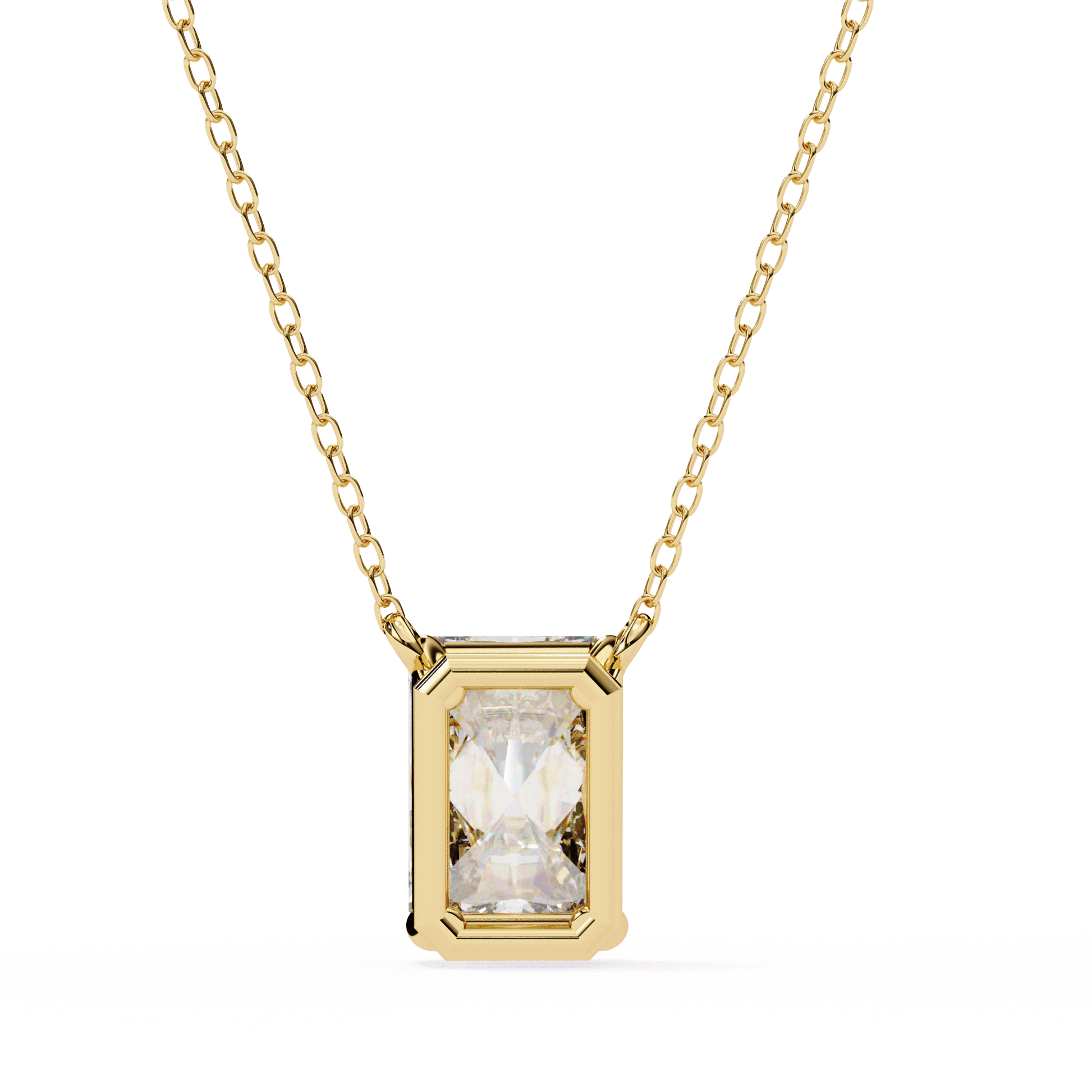 Emerald-cut solitaire pendant by Carat House Dubai featuring a sparkling gemstone on a delicate chain.