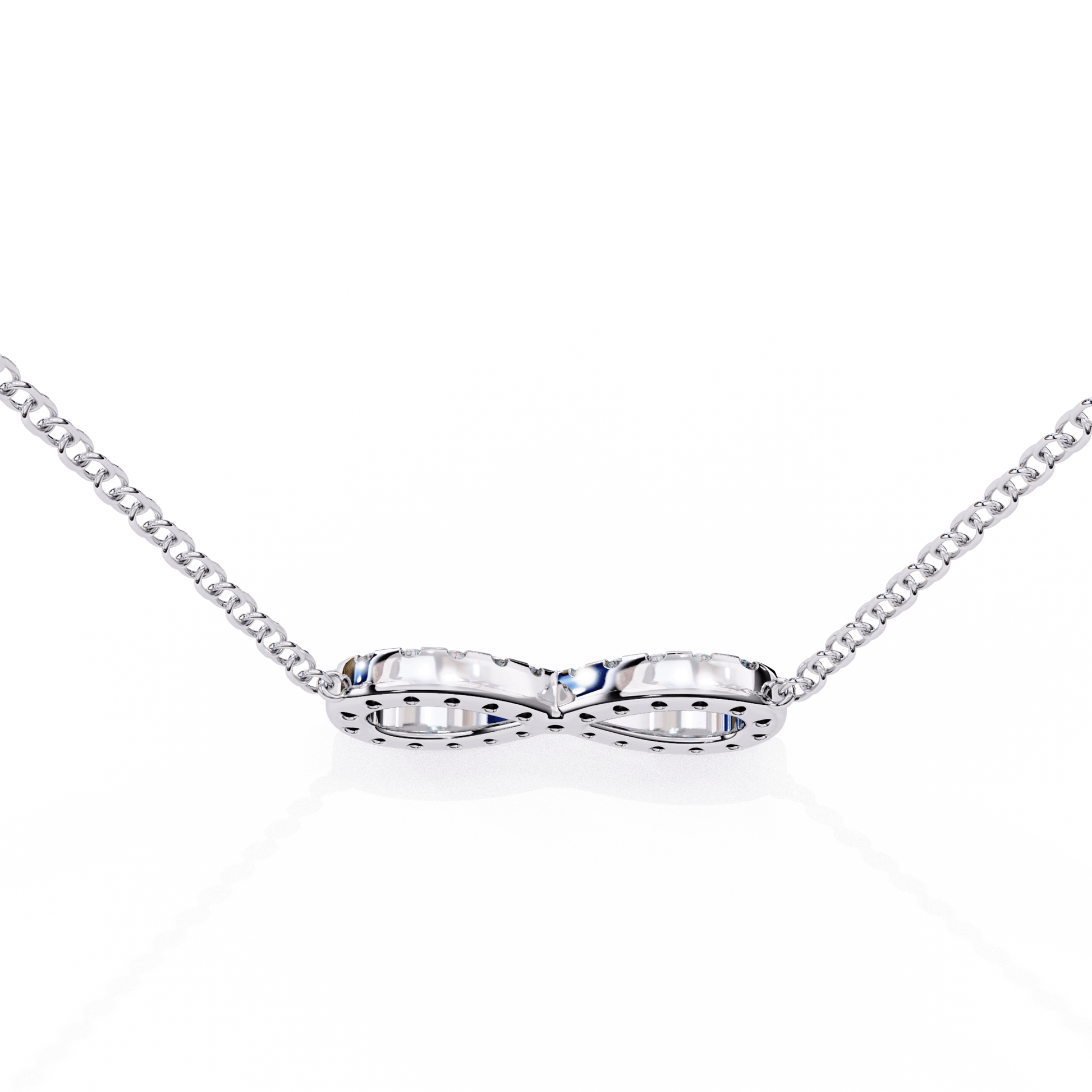Round diamond infinity pendant by Carat House Dubai featuring a sleek, elegant design with sparkling diamonds on a silver chain.