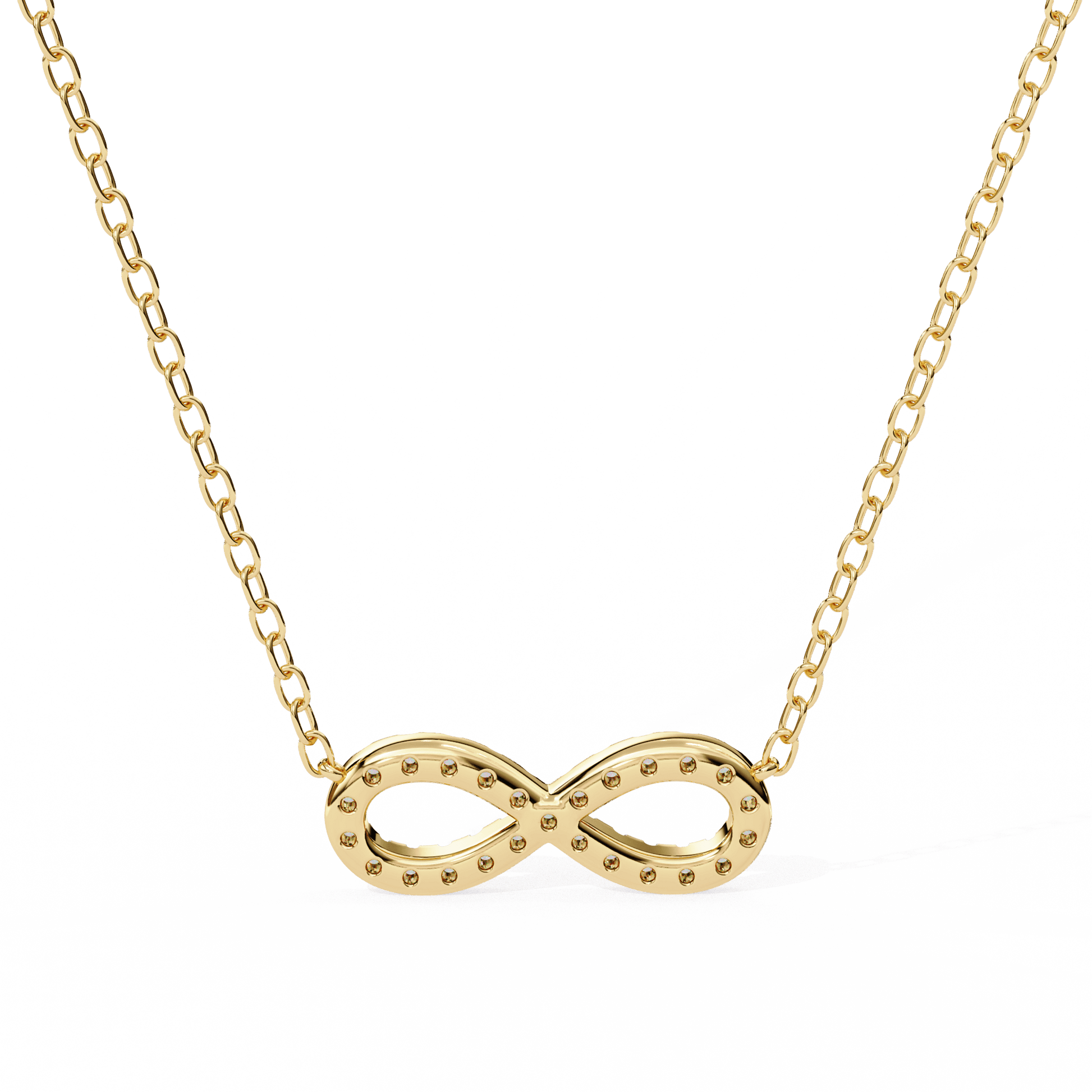 Round diamond infinity pendant by Carat House Dubai featuring sparkling diamonds on a sleek silver chain.