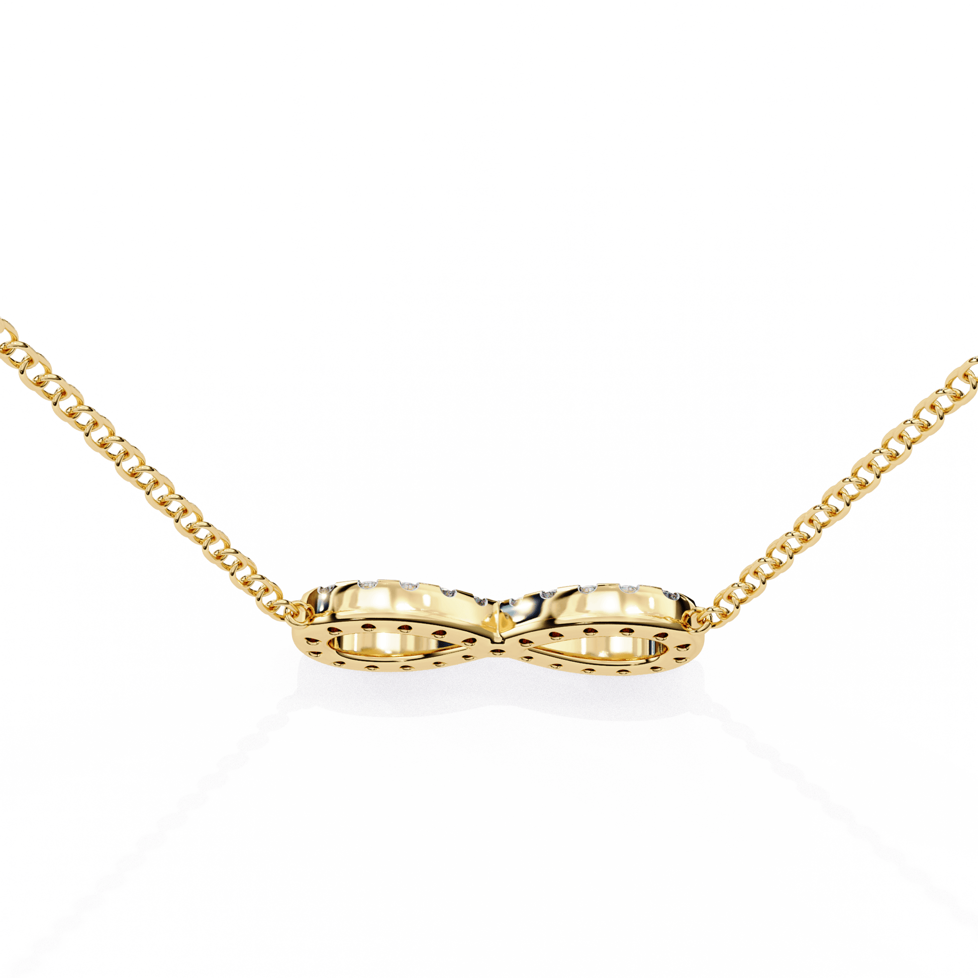 Carat House Dubai Imani round diamond infinity pendant with sparkling diamonds on a sleek silver chain.