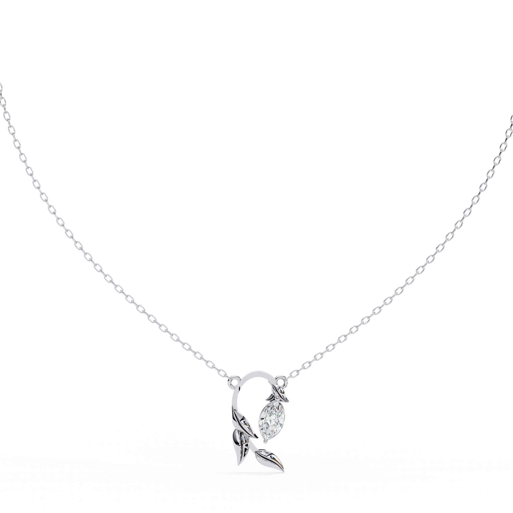Elowen – Marquise Diamond Sculpted Leaf Pendant — diamond pendant necklace — lab grown diamond and natural diamond — 18k white gold — Carat House