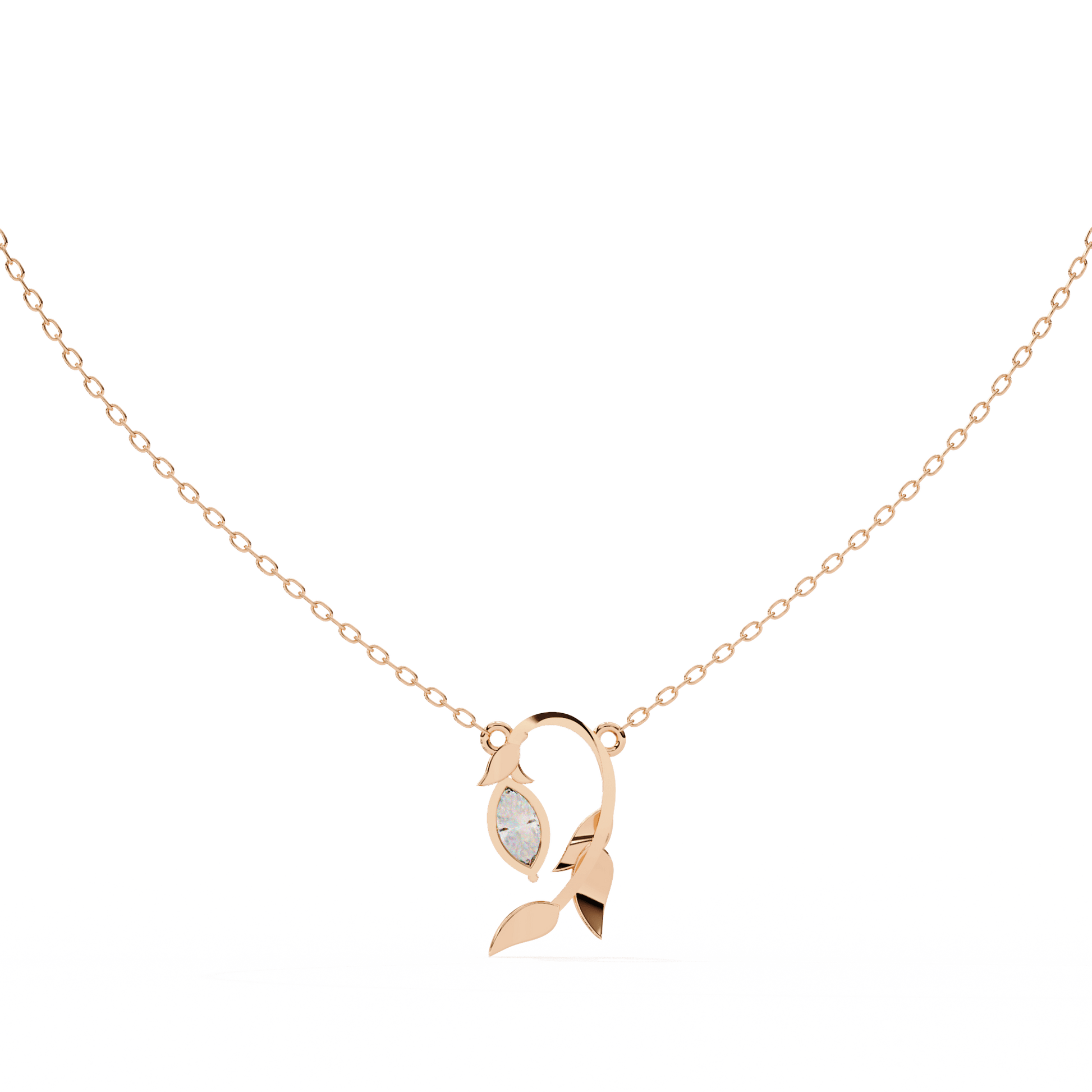 Elowen marquise diamond sculpted leaf pendant by Carat House Dubai showing a detailed leaf-shaped jewelry piece with marquise-cut diamonds.