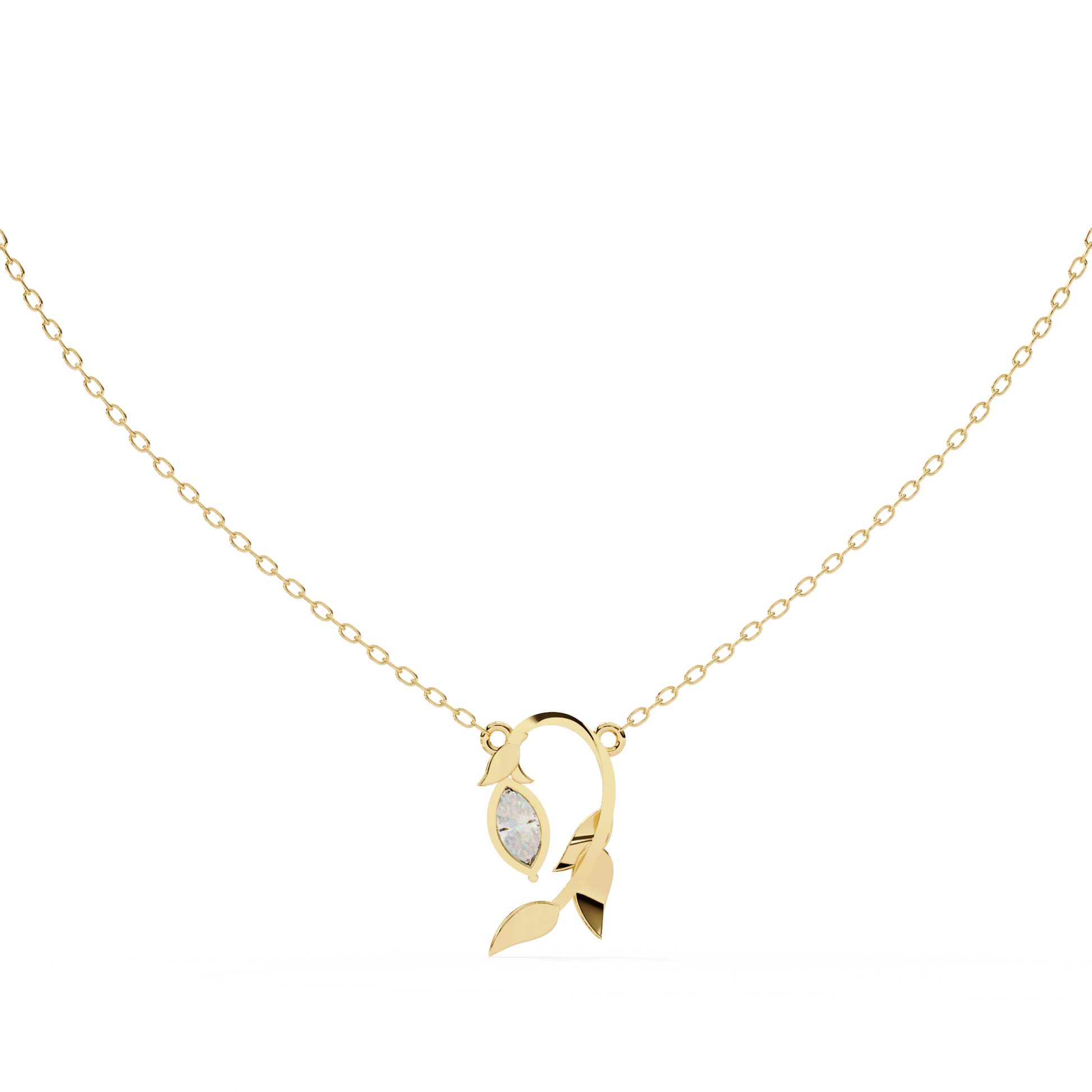 Elowen Marquise Diamond Leaf Pendant by Carat House Dubai, sculpted gold leaf design with sparkling marquise diamonds.