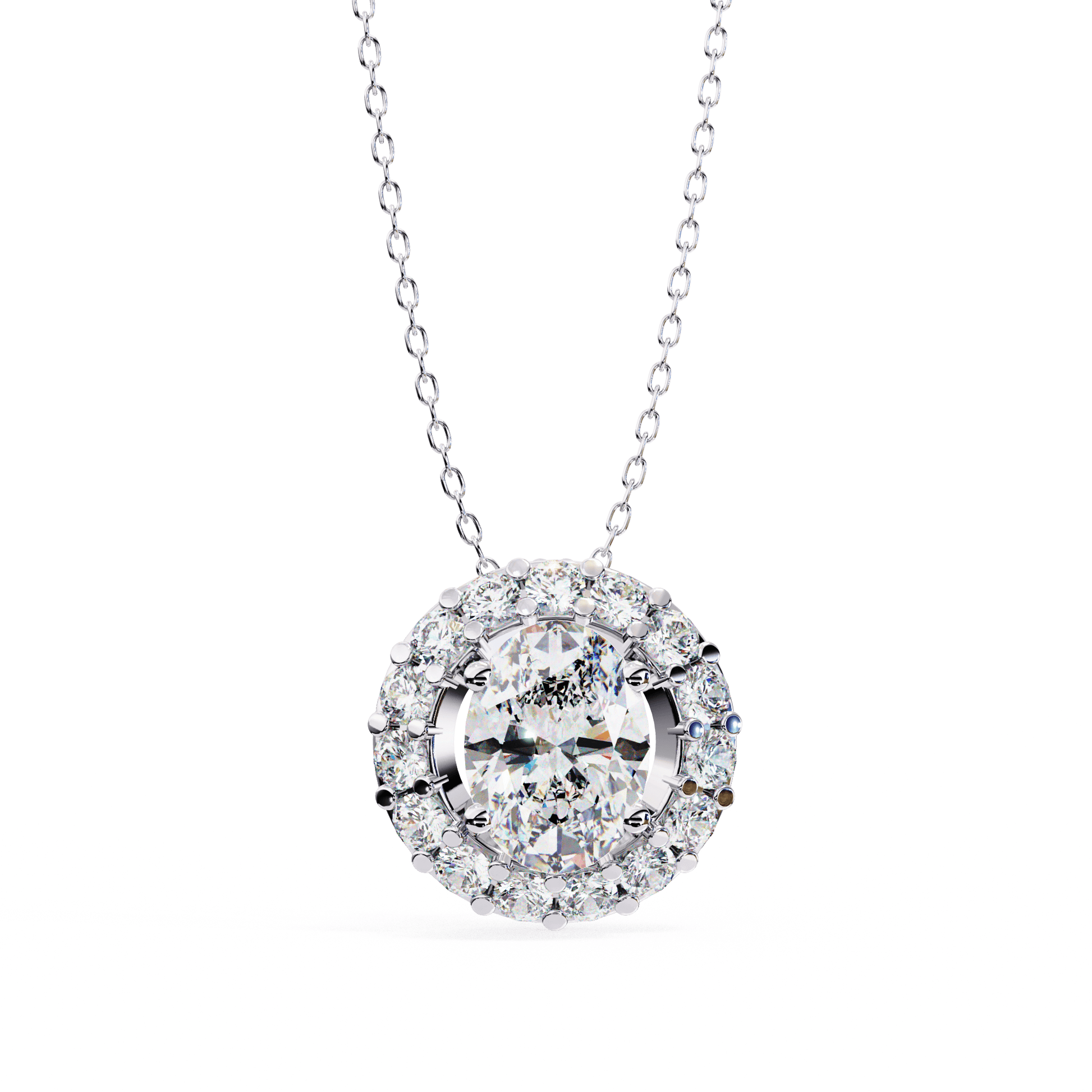 Kylie – Oval Diamond Halo Pendant — diamond pendant necklace — lab grown diamond and natural diamond — 18k white gold — Carat House