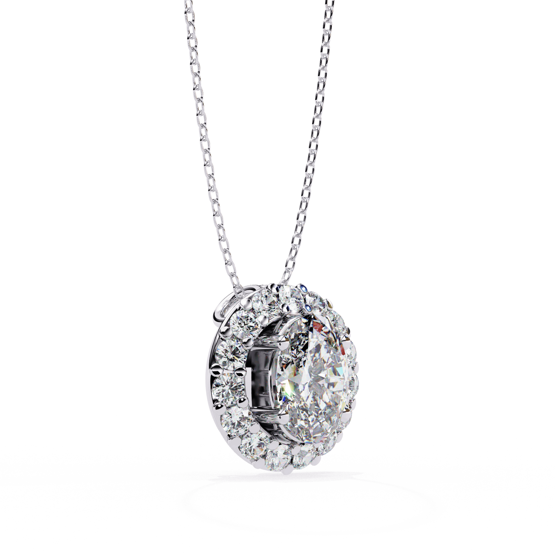 Kylie oval diamond halo pendant by Carat House Dubai featuring a sparkling central diamond surrounded by a halo of smaller diamonds.