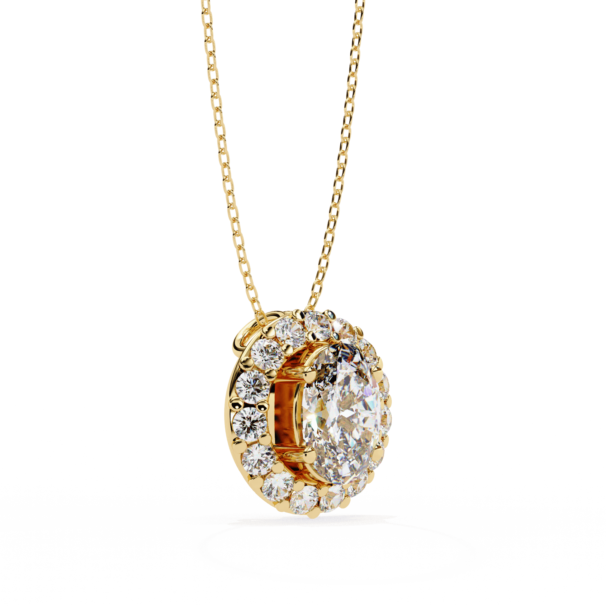Kylie oval diamond halo pendant by Carat House Dubai featuring a sparkling central diamond surrounded by a halo of smaller diamonds.