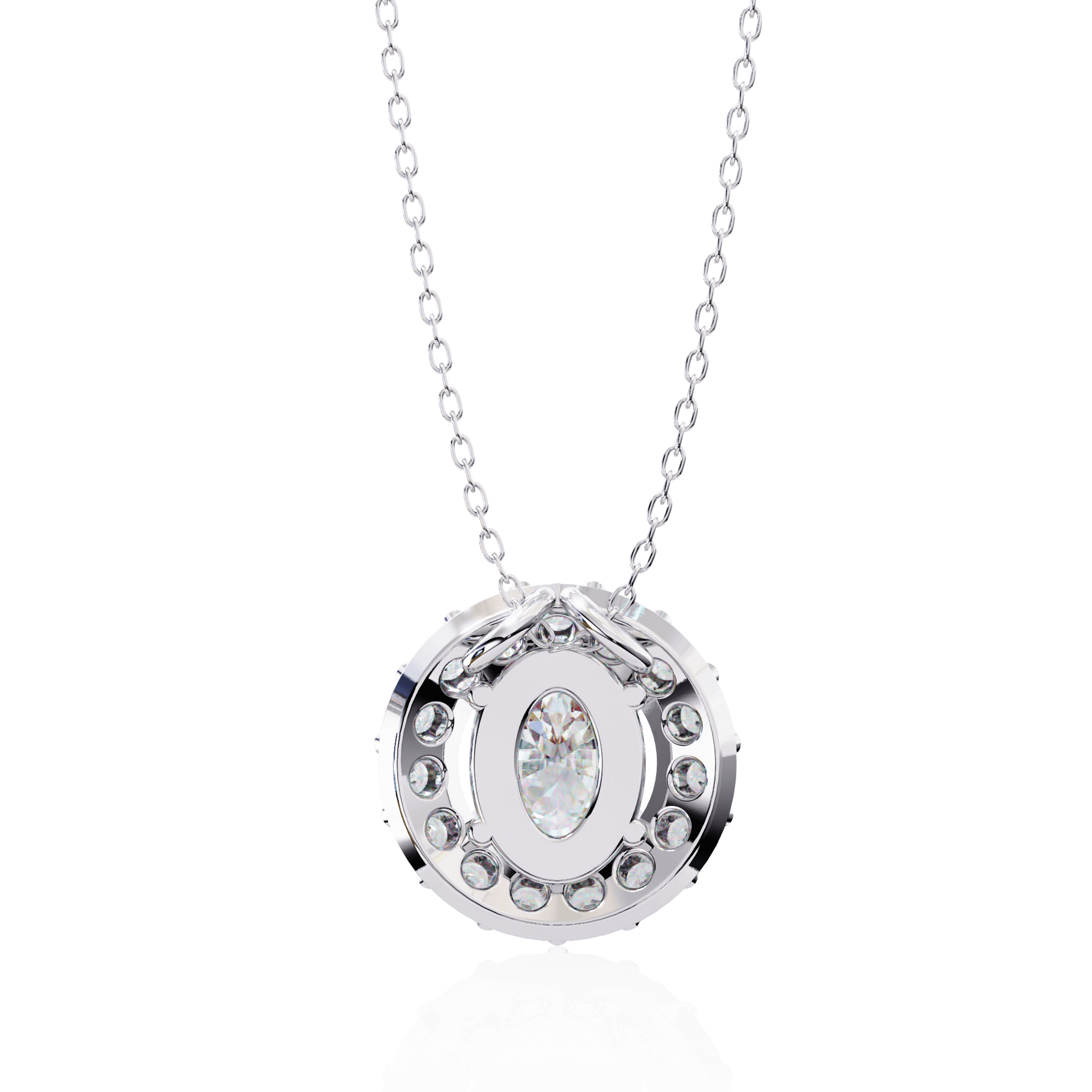 Kylie oval diamond halo pendant by Carat House Dubai featuring a sparkling center diamond surrounded by a halo of smaller diamonds.