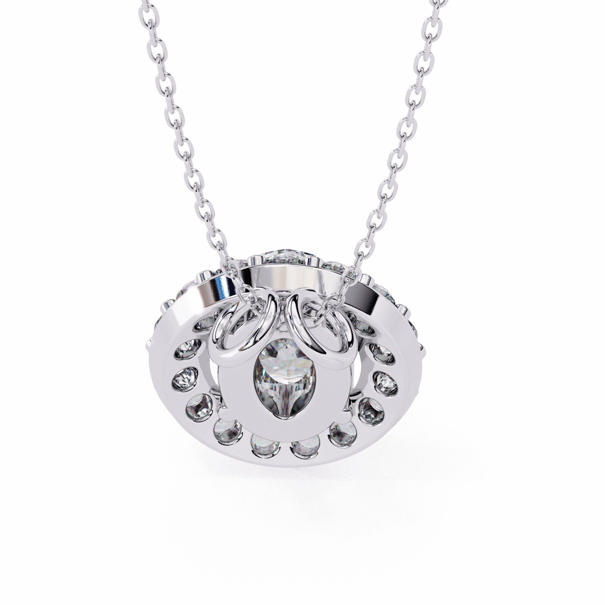 Kylie oval diamond halo pendant by Carat House Dubai featuring a sparkling central diamond surrounded by a delicate halo.