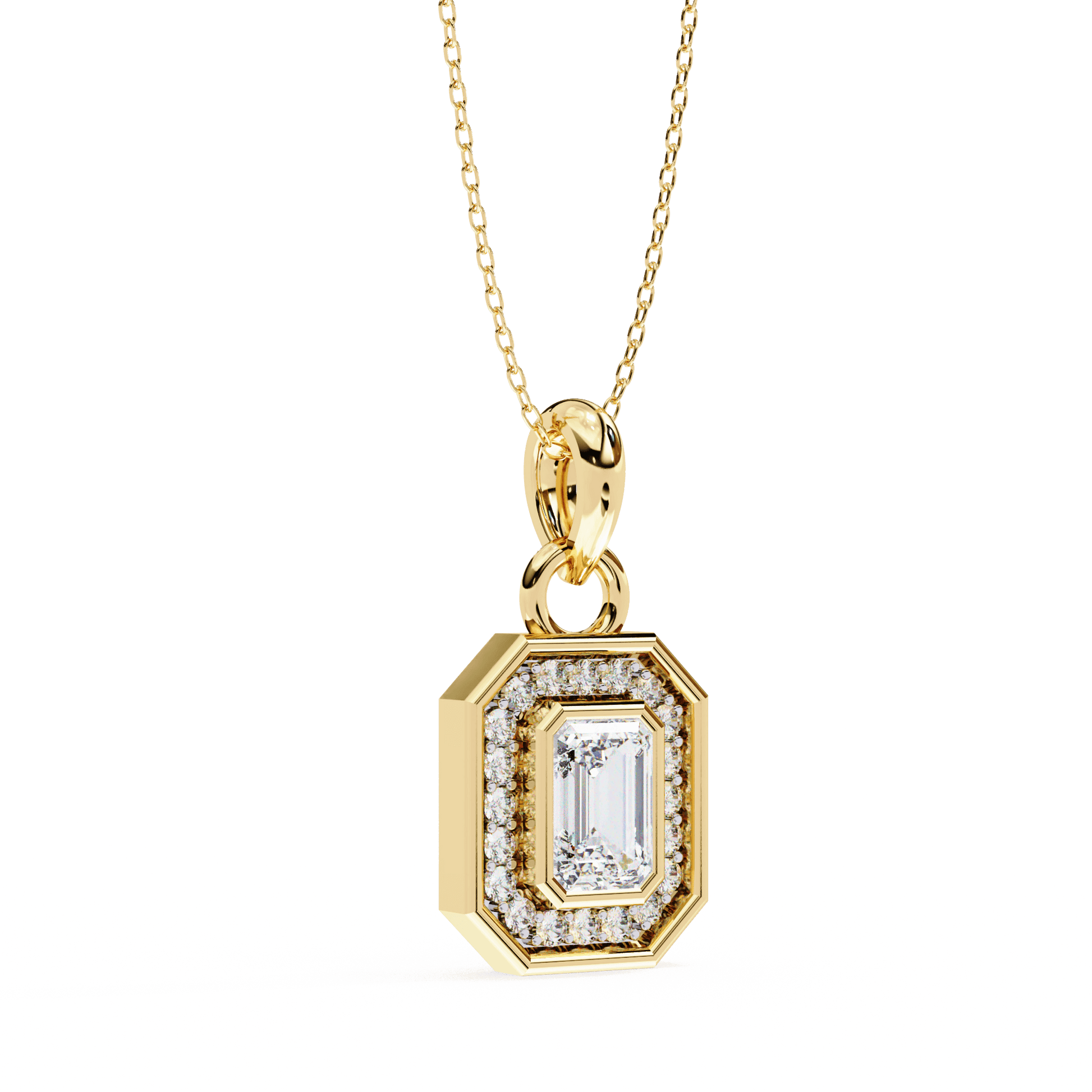 Emerald-cut halo pendant by Carat House Dubai featuring a sparkling central gemstone and intricate halo design.