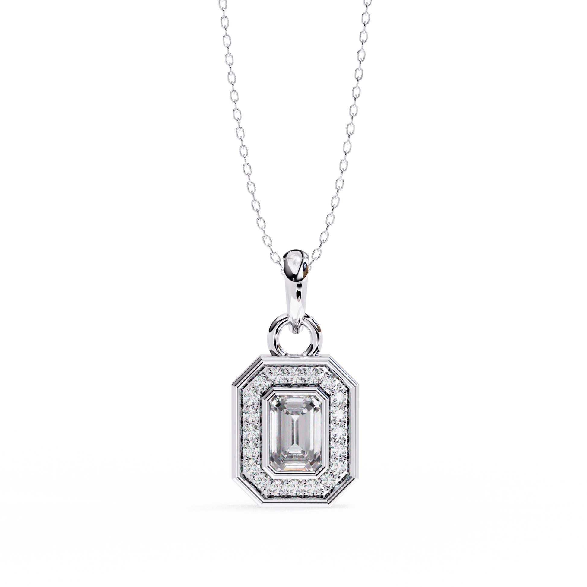 Lauren – Emerald-Cut Halo Pendant — diamond pendant necklace — lab grown diamond and natural diamond — 18k white gold — Carat House