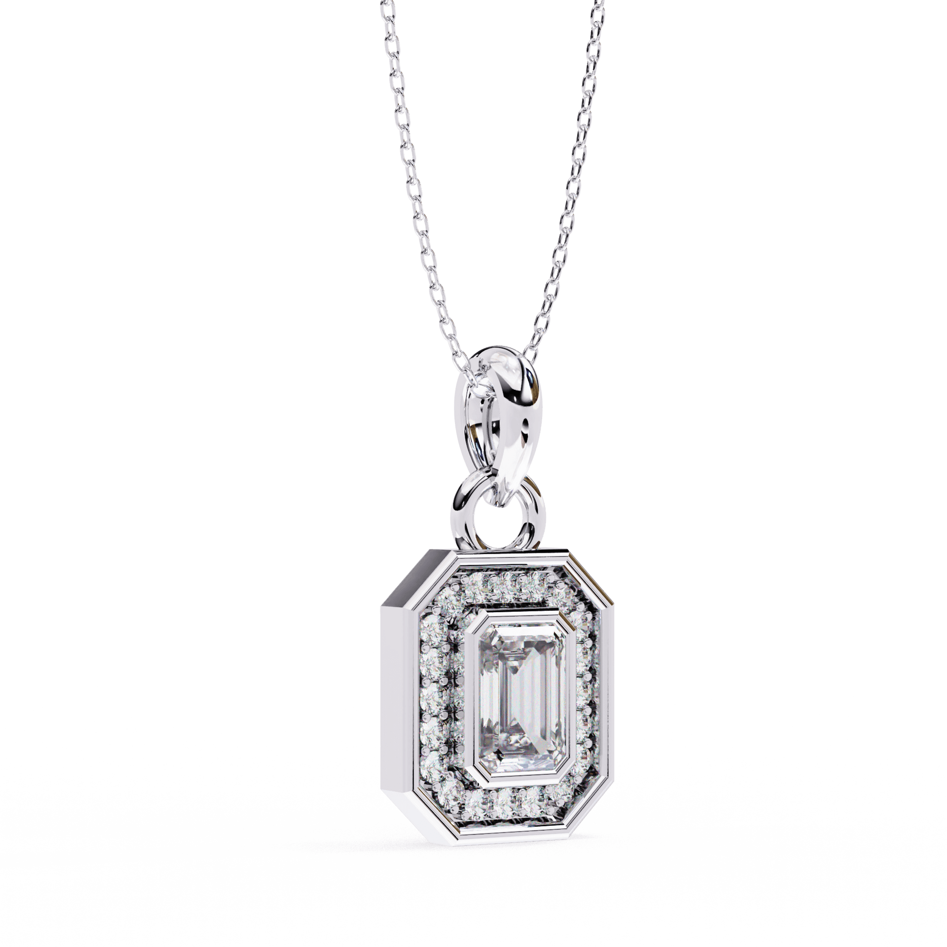 Emerald-cut halo pendant necklace by Carat House Dubai featuring a sparkling central gemstone and intricate metal detailing.