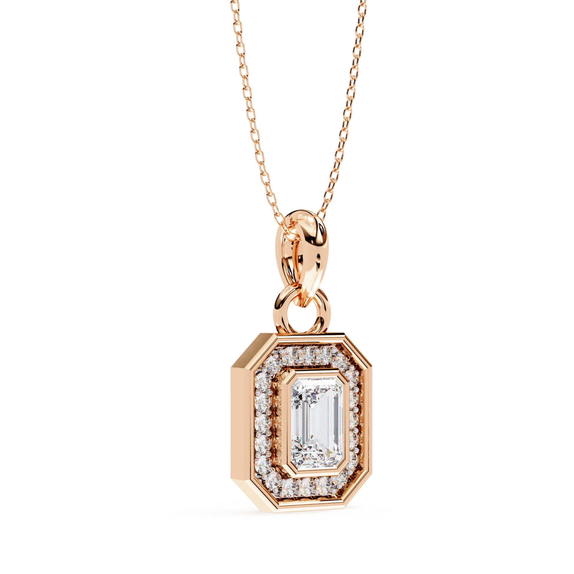 Emerald-cut halo pendant by Carat House Dubai featuring a sparkling center stone and intricate metal detailing.