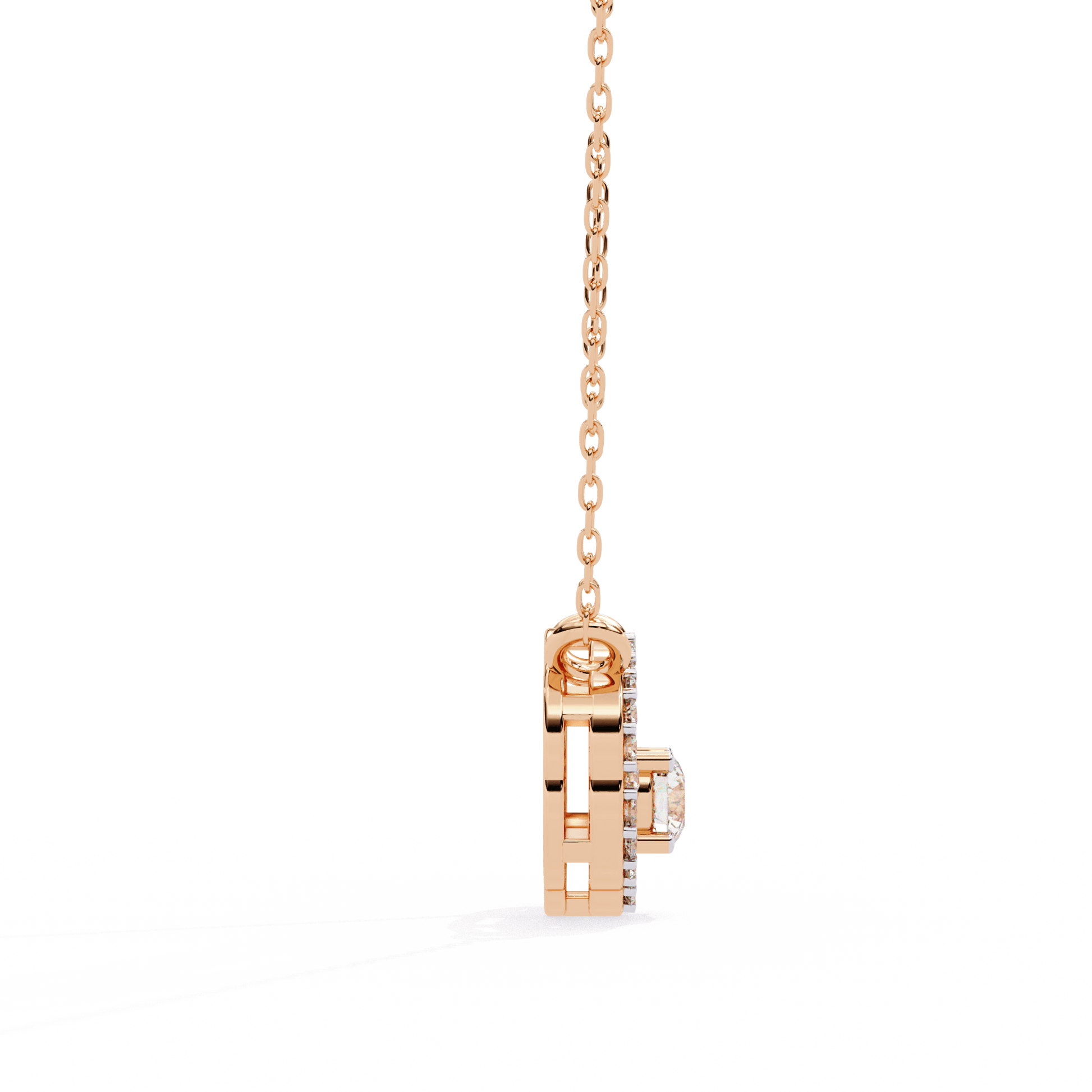 Marcia Petal Halo Accent Diamond Pendant by Carat House Dubai showing a delicate gold pendant with diamond accents on a chain
