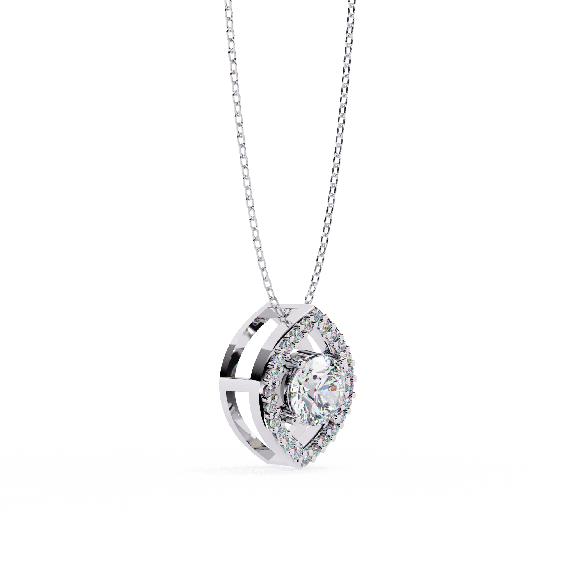 Milena Marquise Halo Round Diamond Pendant by Carat House Dubai featuring a sparkling round diamond with marquise halo design.