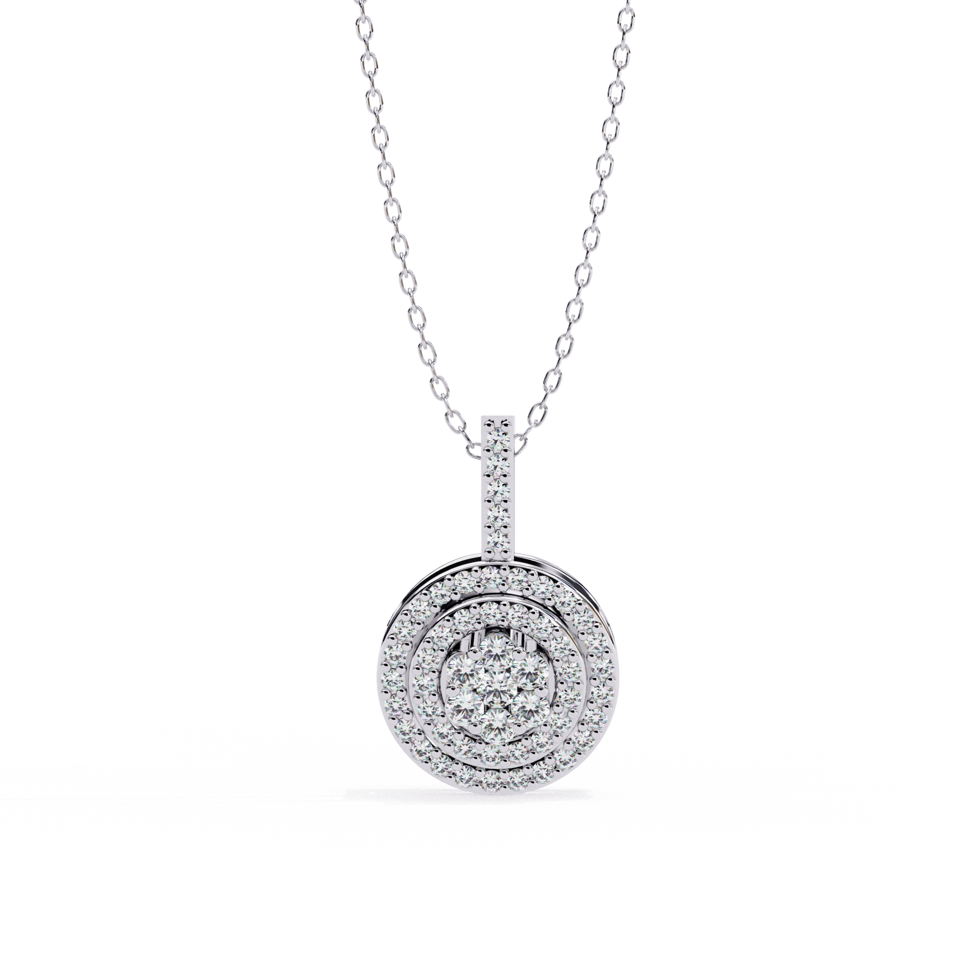 Neha – Illusion Cluster Double Halo Pendant — diamond pendant necklace — lab grown diamond and natural diamond — 18k white gold — Carat House