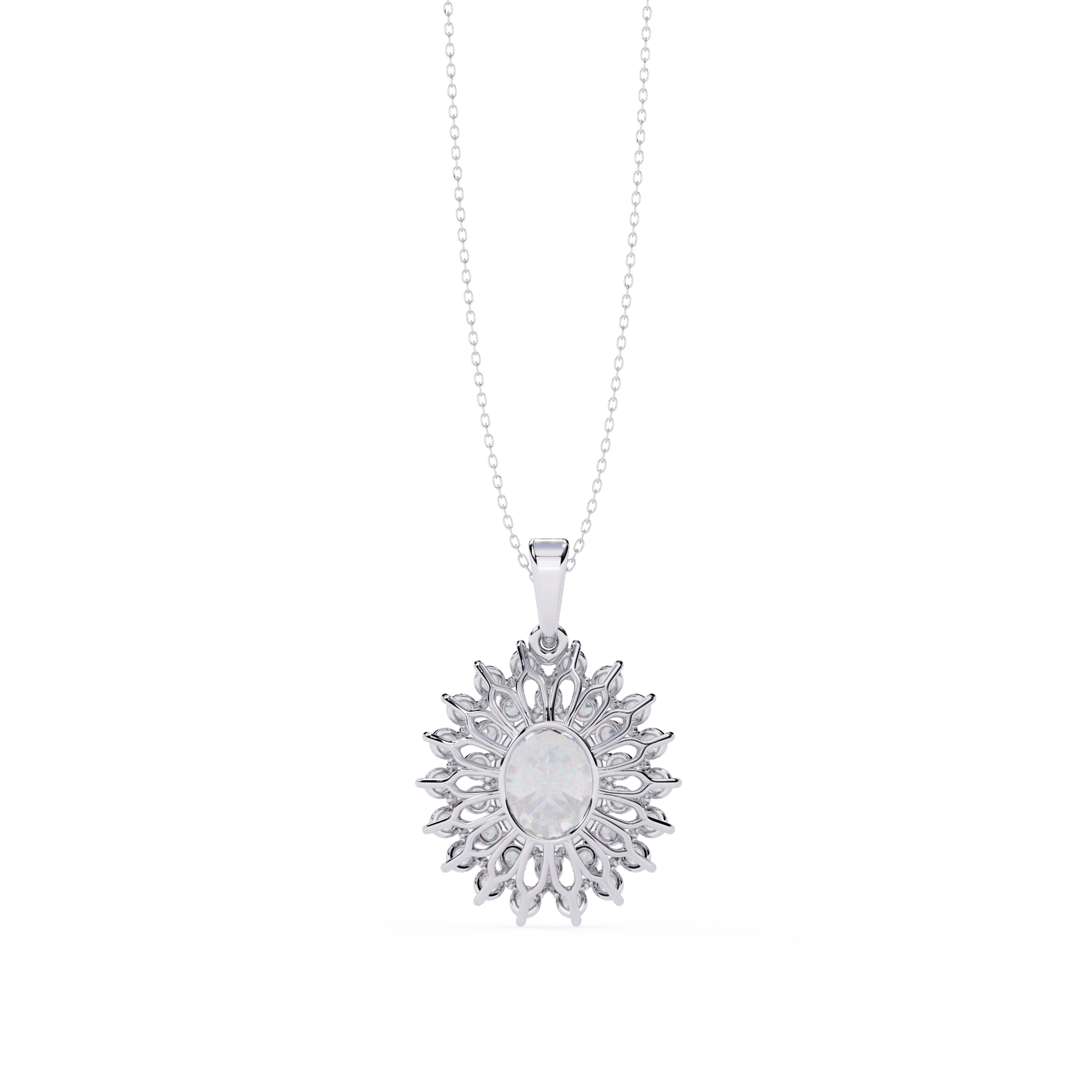 Adrienne Double Halo Oval Diamond Pendant by Carat House Dubai, showcasing a sparkling oval diamond with intricate halo detailing.