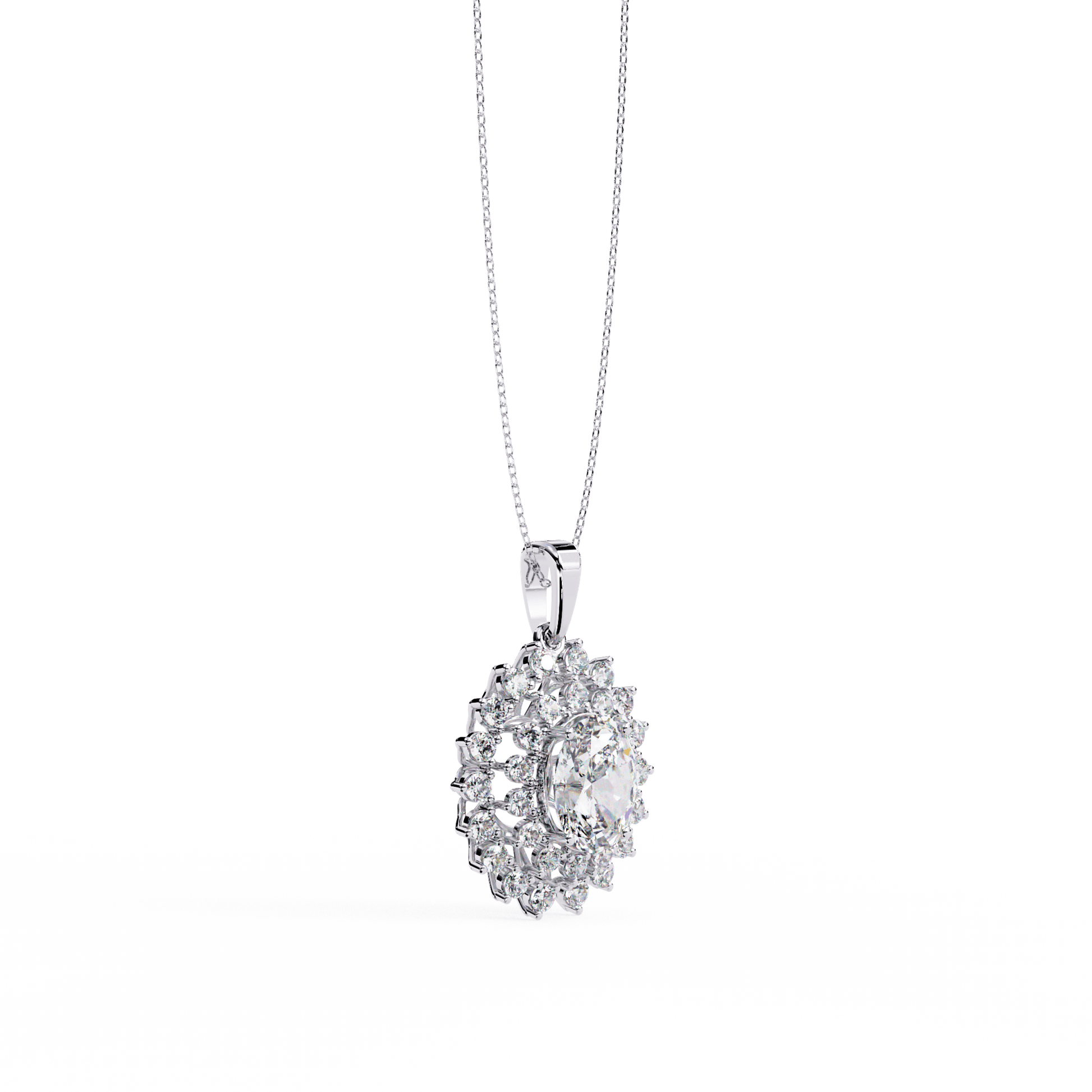 Elegant Adrienne double halo oval diamond pendant by Carat House Dubai featuring sparkling diamonds on a sleek chain.
