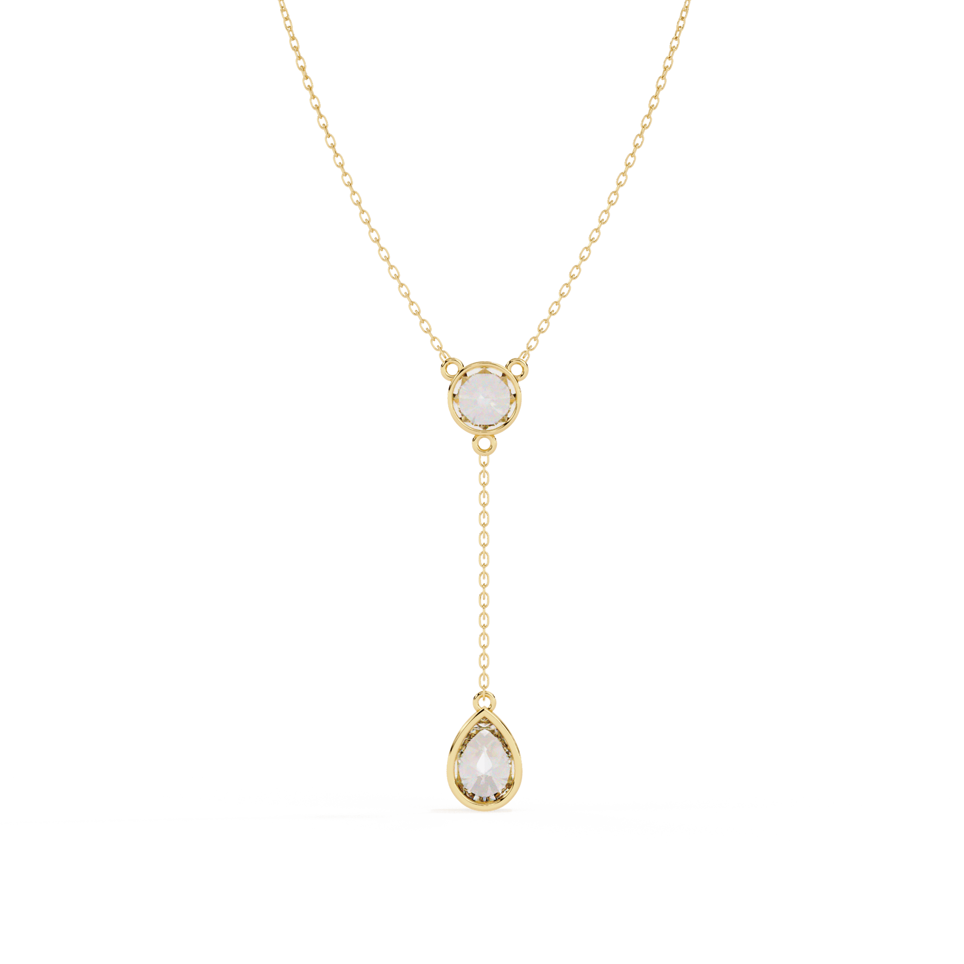 Amina dual solitaire drop pendant with two sparkling gemstones hanging from a delicate chain, designed by Carat House Dubai.