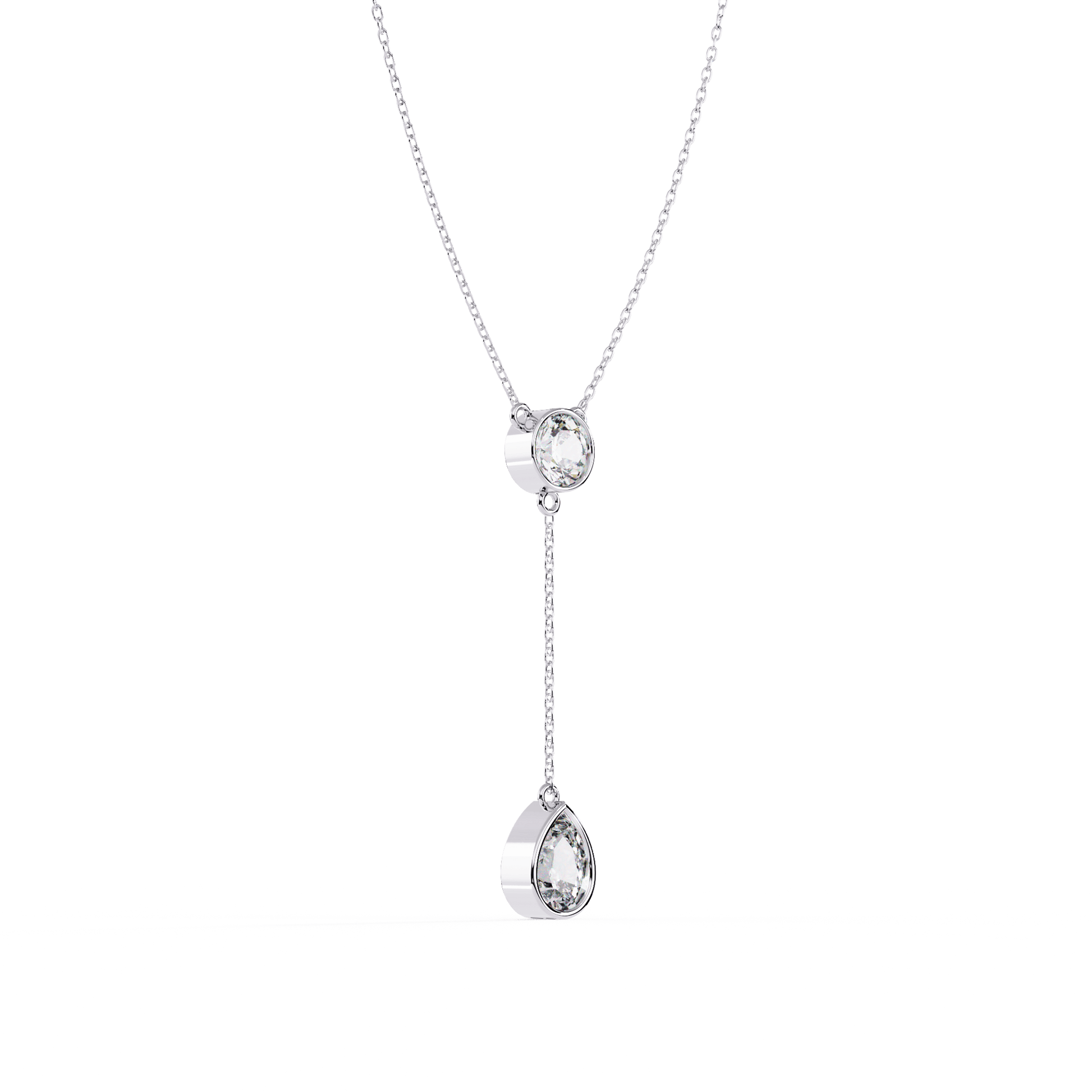 Amina dual solitaire drop pendant featuring two sparkling gemstones on a delicate silver chain, by Carat House Dubai.
