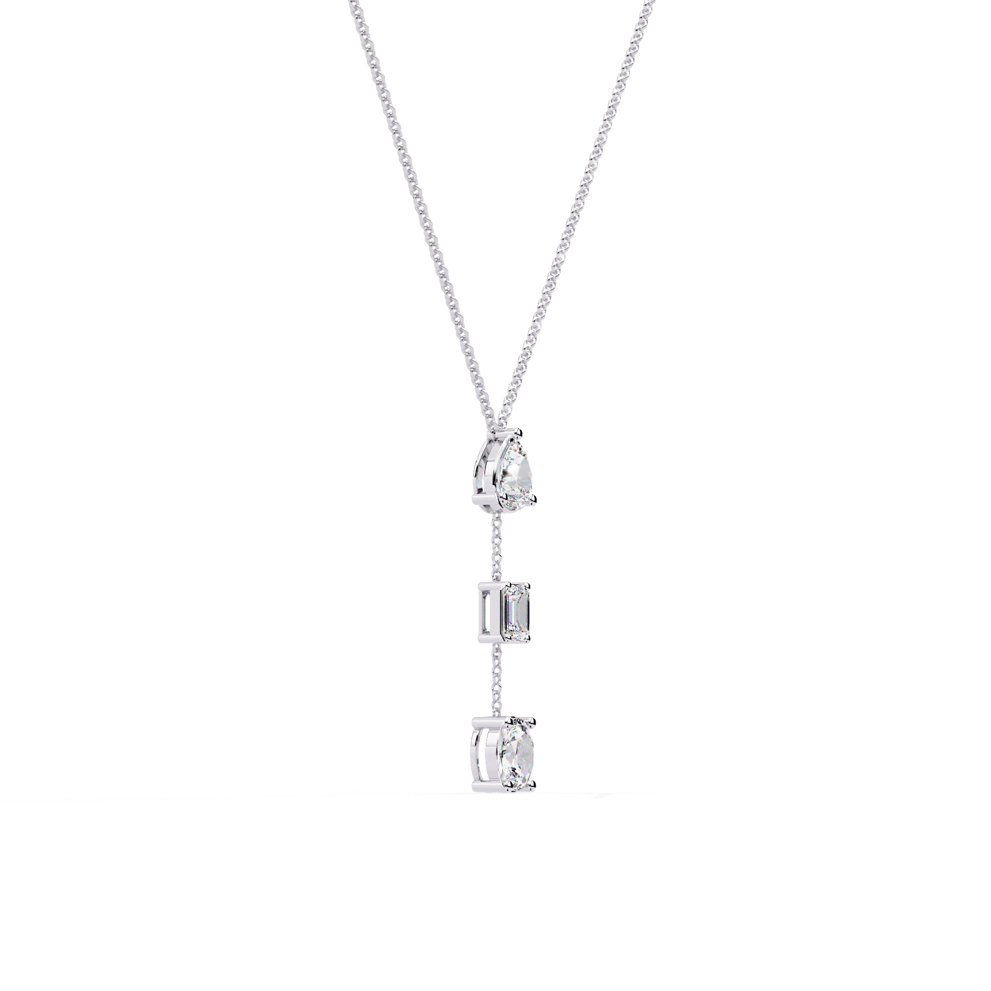 Carat House Dubai Azar three-stone solitaire drop pendant with sparkling gemstones on a delicate silver chain.