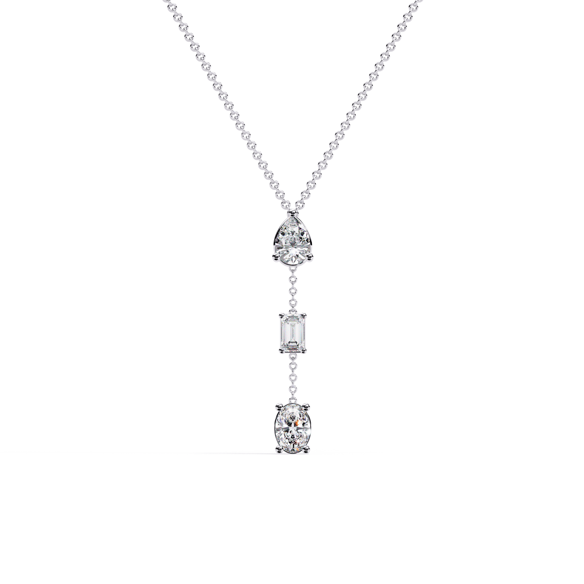 Azar- Three-Stone Solitaire Drop Pendant — diamond pendant necklace — lab grown diamond and natural diamond — 18k white gold — Carat House