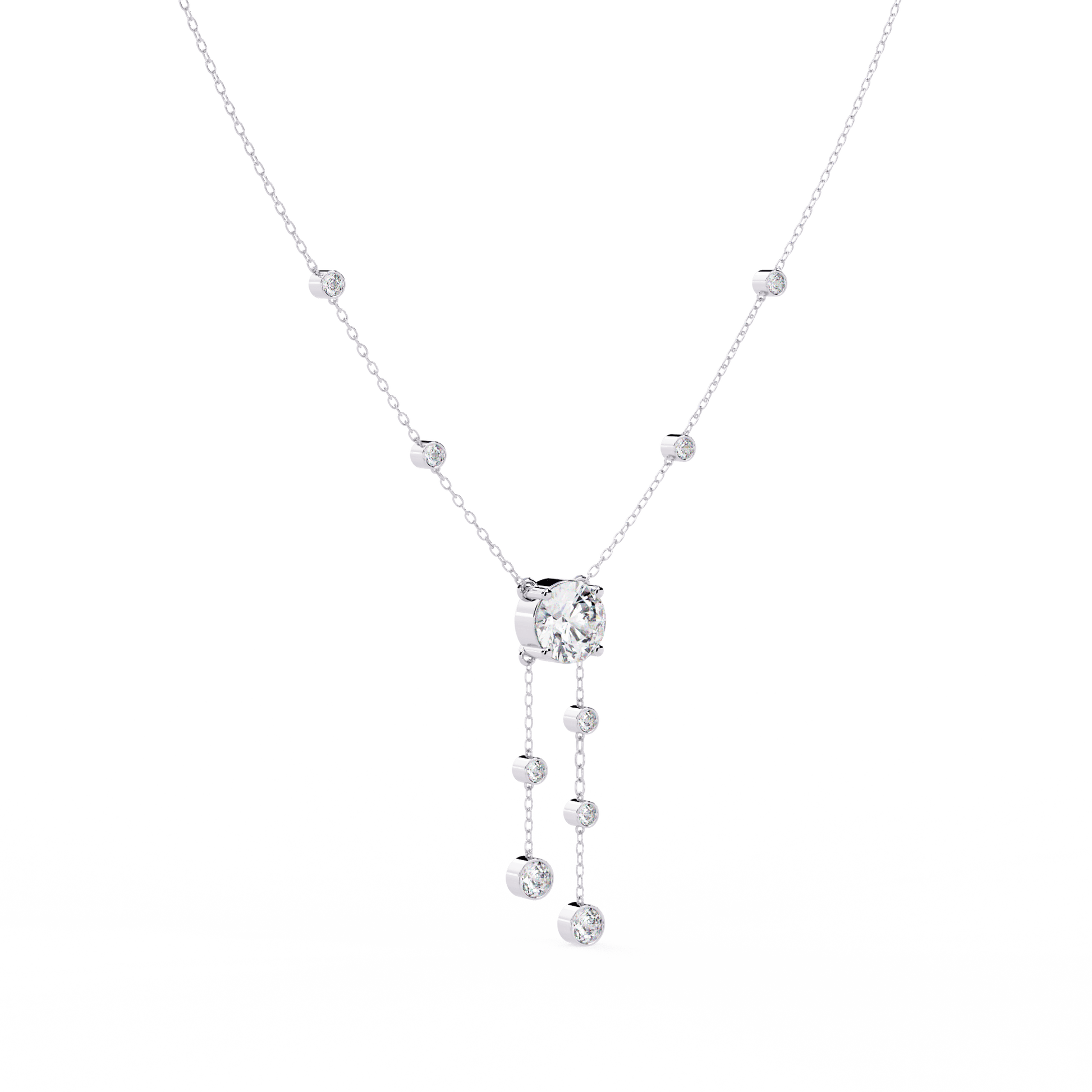 Round-cut diamond drop necklace featuring elegant design, crafted by Carat House Dubai, with sparkling diamonds and a delicate chain.