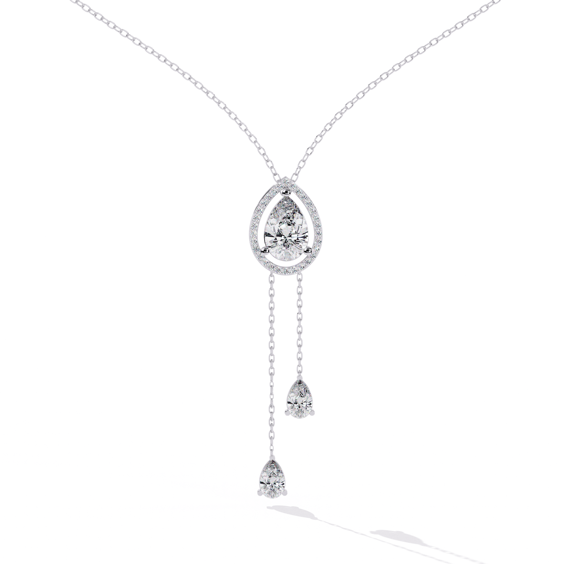 Carrie – Pear-Cut Halo Drop Necklace with Pear Accents — diamond pendant necklace — lab grown diamond — 18k white gold — Carat House