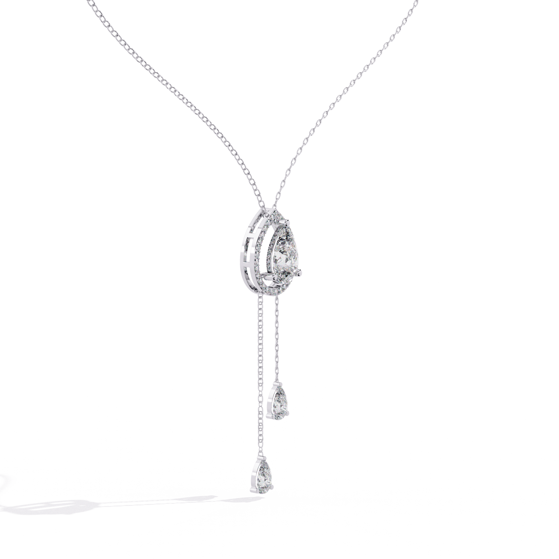 Pear-cut halo drop necklace with pear-shaped accents by Carat House Dubai, featuring elegant jewelry design.