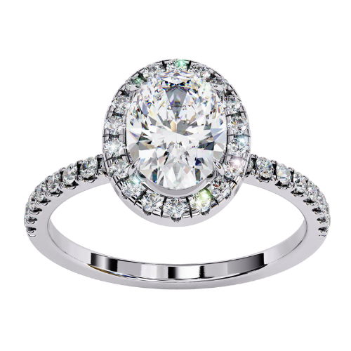 Antonia — Oval cut lab grown and natural diamond engagement ring — single halo, two tone, half pavé band — 18k white gold and platinum — Carat House