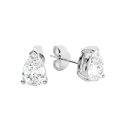 Pear-cut diamond studs with V-prong basket setting by Carat House Dubai, showcasing sparkling diamond earrings on a white background.